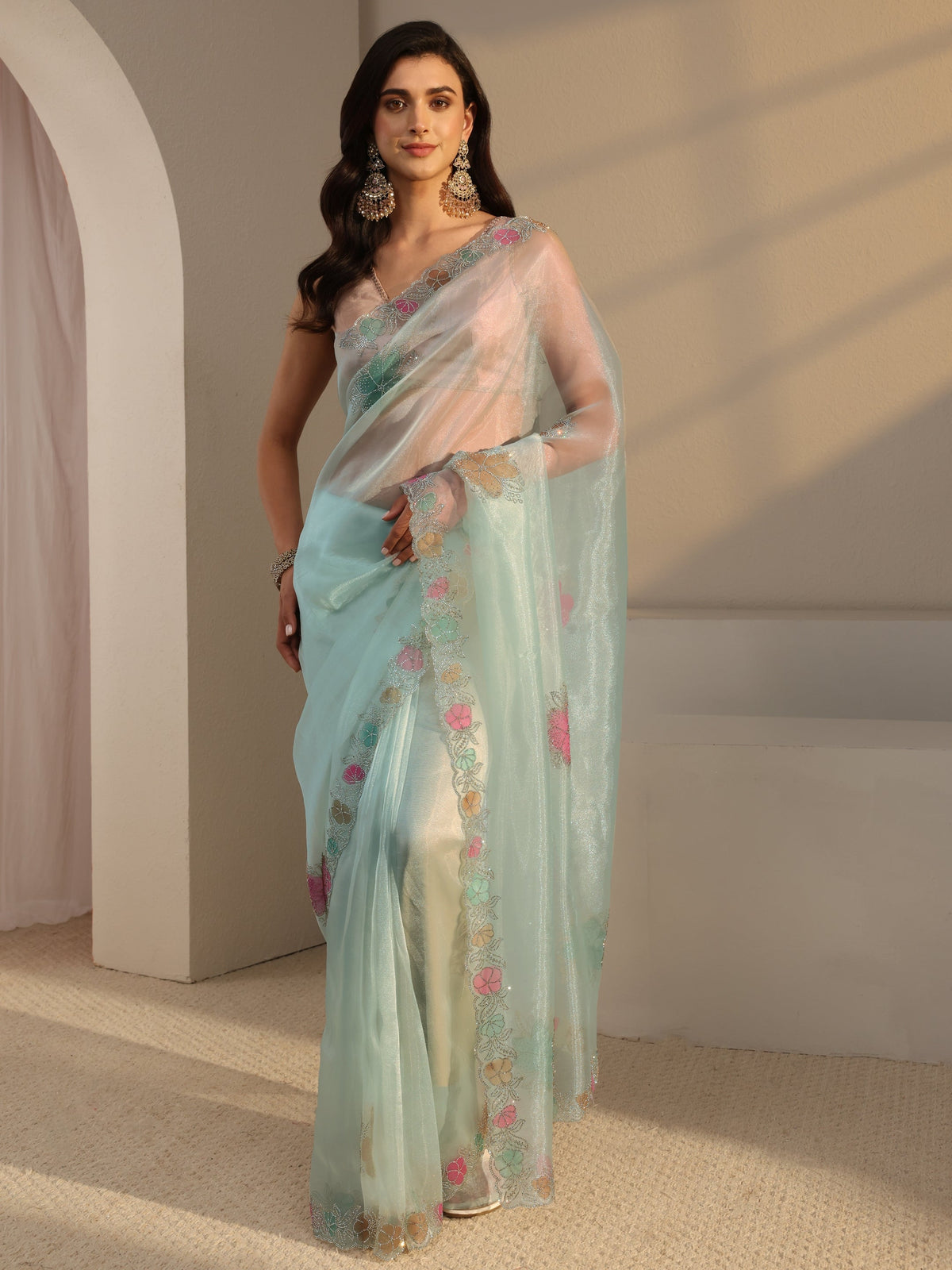 Anouk Blue Floral Embellished Organza Saree With Unstitched Blouse Piece