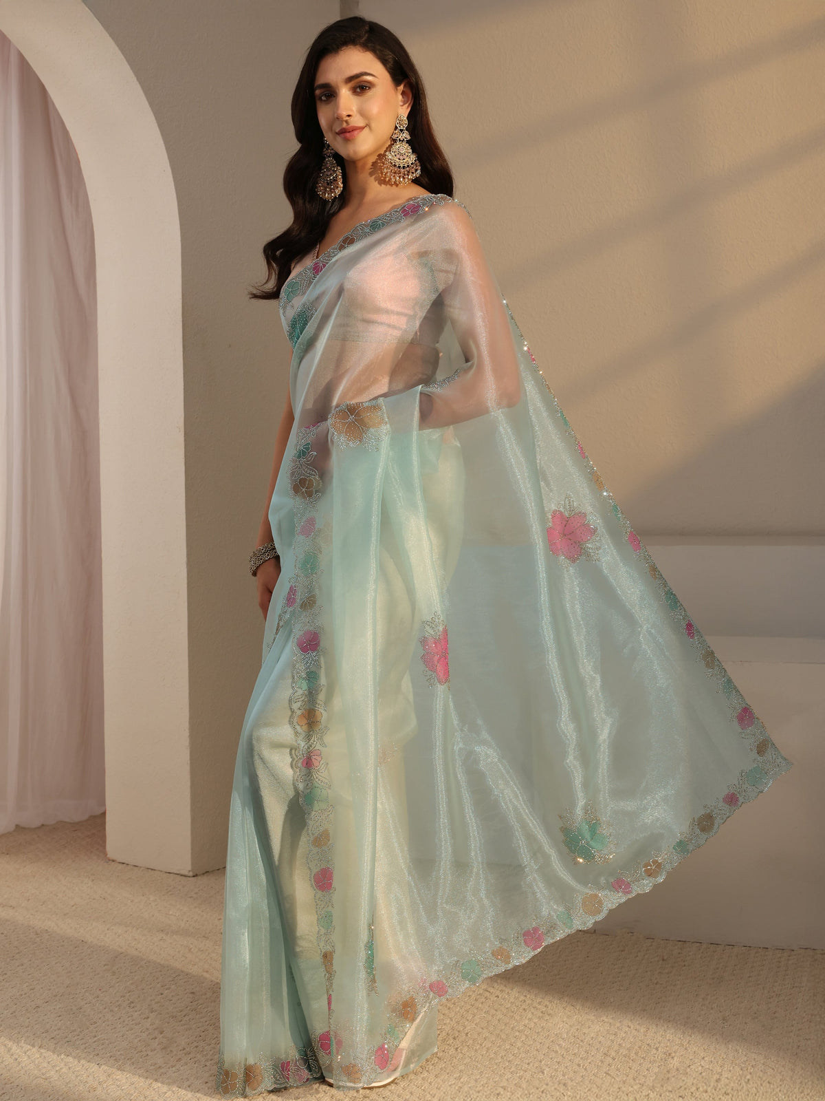 Anouk Blue Floral Embellished Organza Saree With Unstitched Blouse Piece