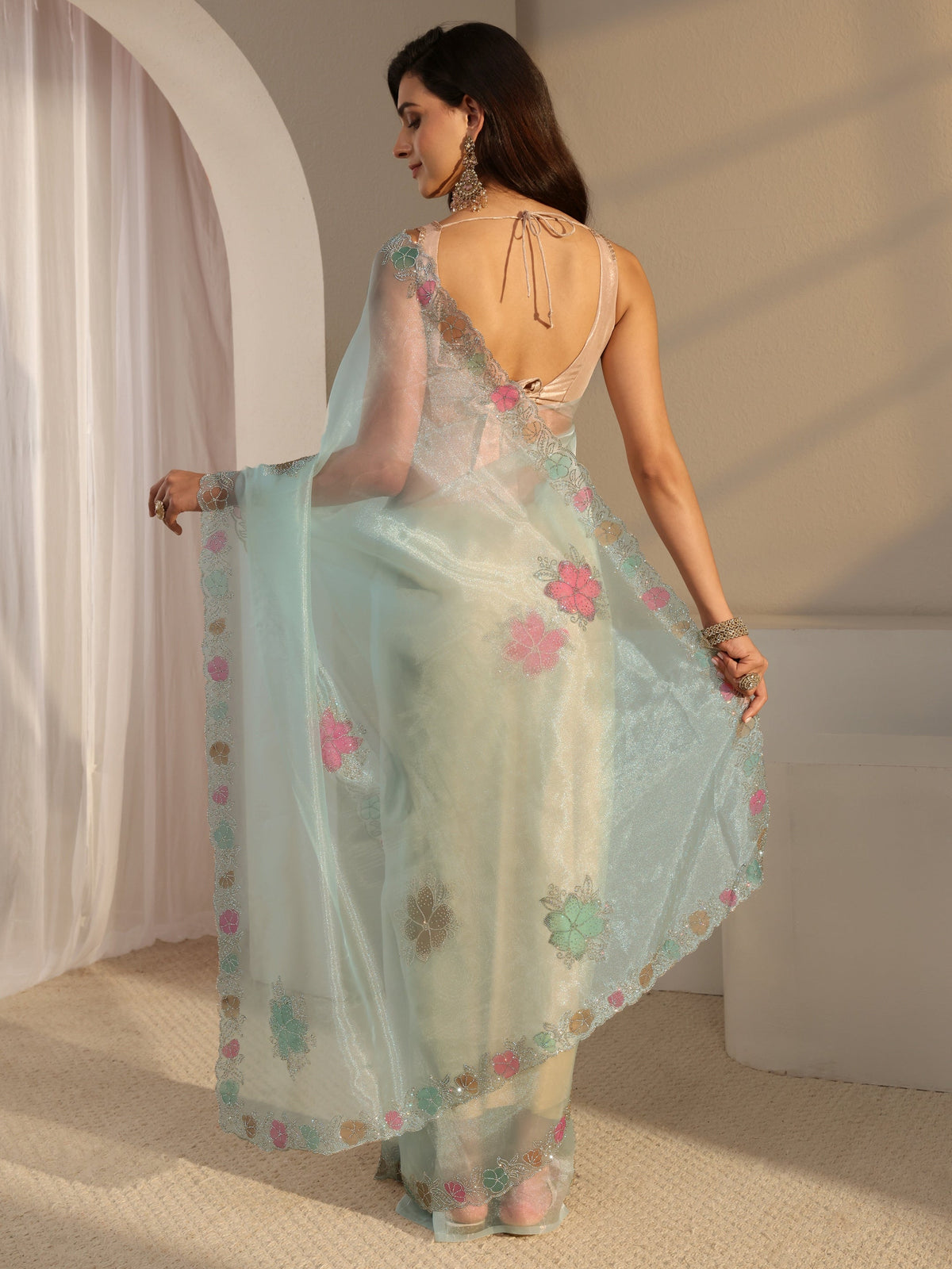 Anouk Blue Floral Embellished Organza Saree With Unstitched Blouse Piece