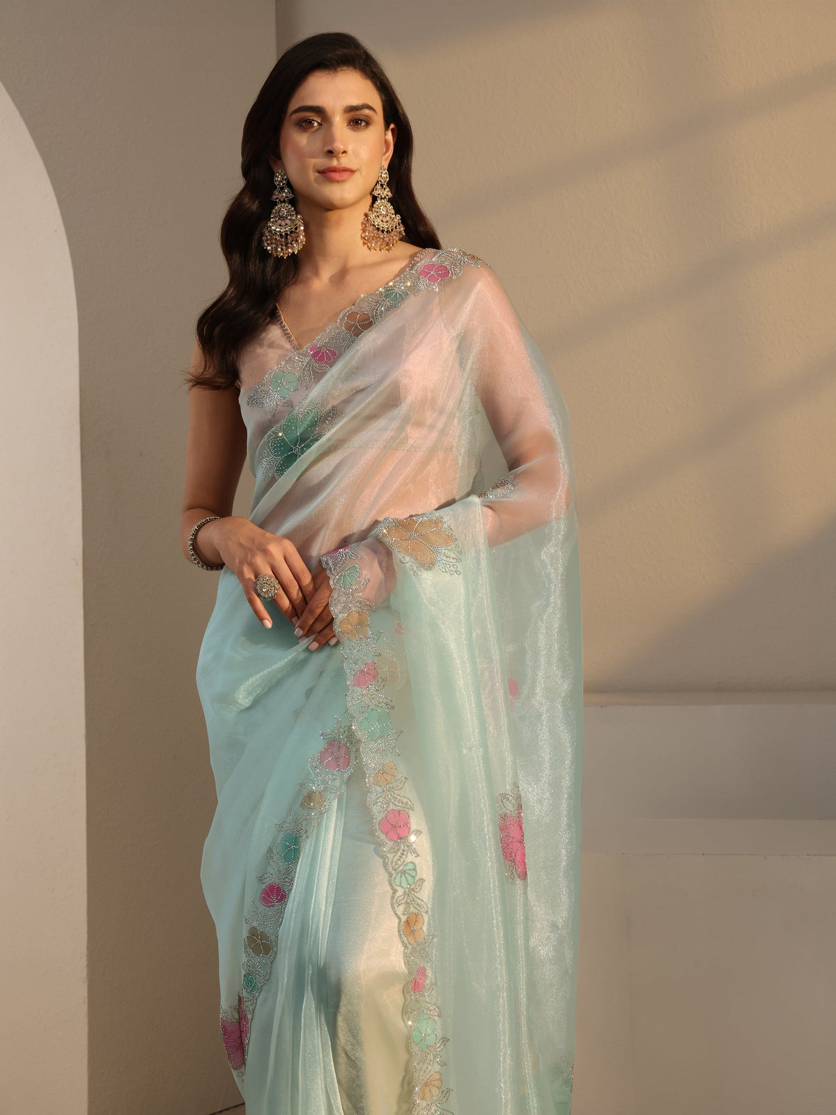 Anouk Blue Floral Embellished Organza Saree With Unstitched Blouse Piece