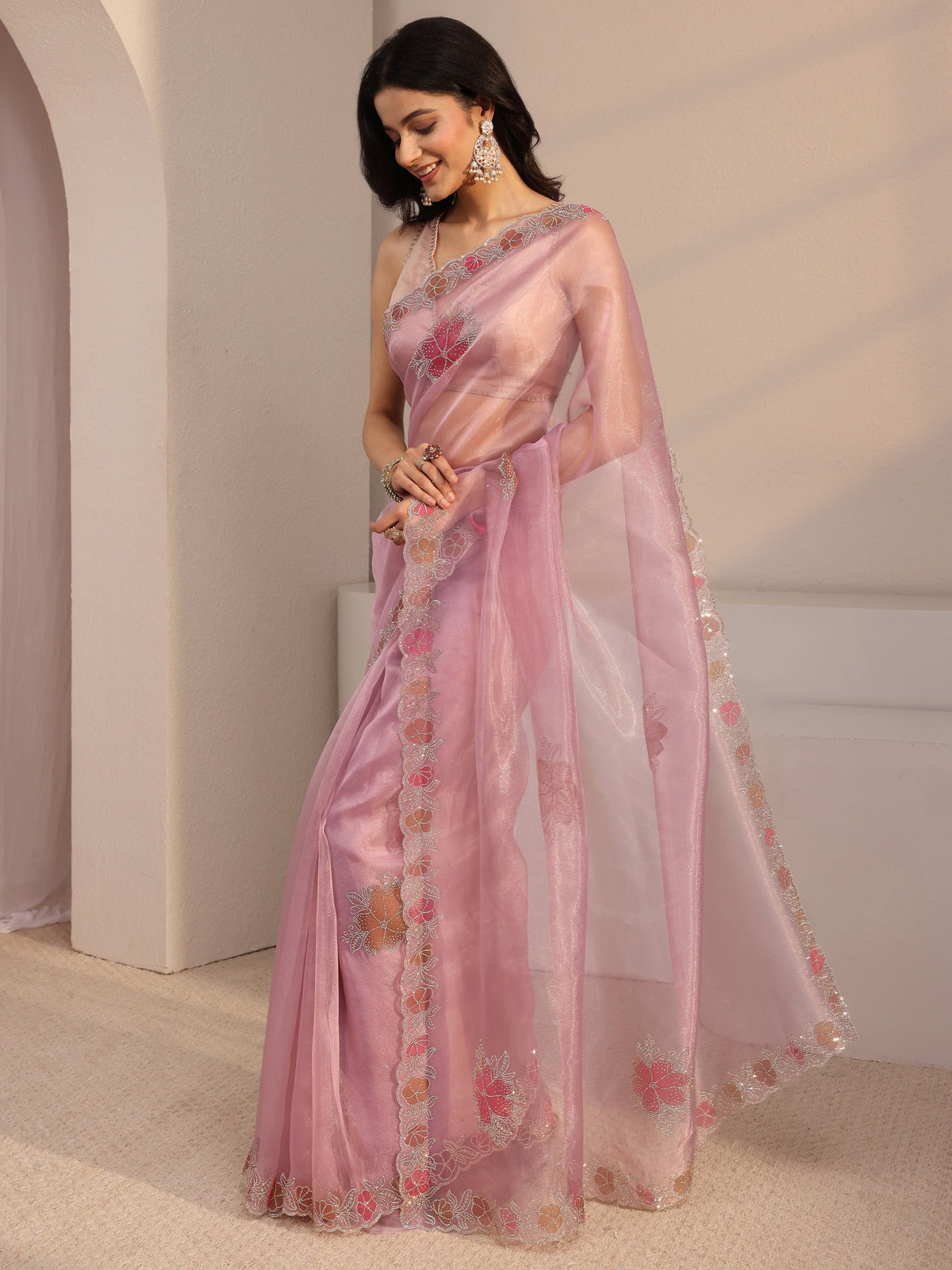 Anouk Pink Embellished Organza Saree With Unstiched Blouse Piece