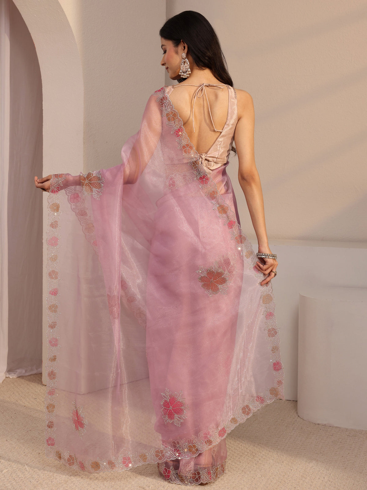 Anouk Pink Embellished Organza Saree With Unstiched Blouse Piece