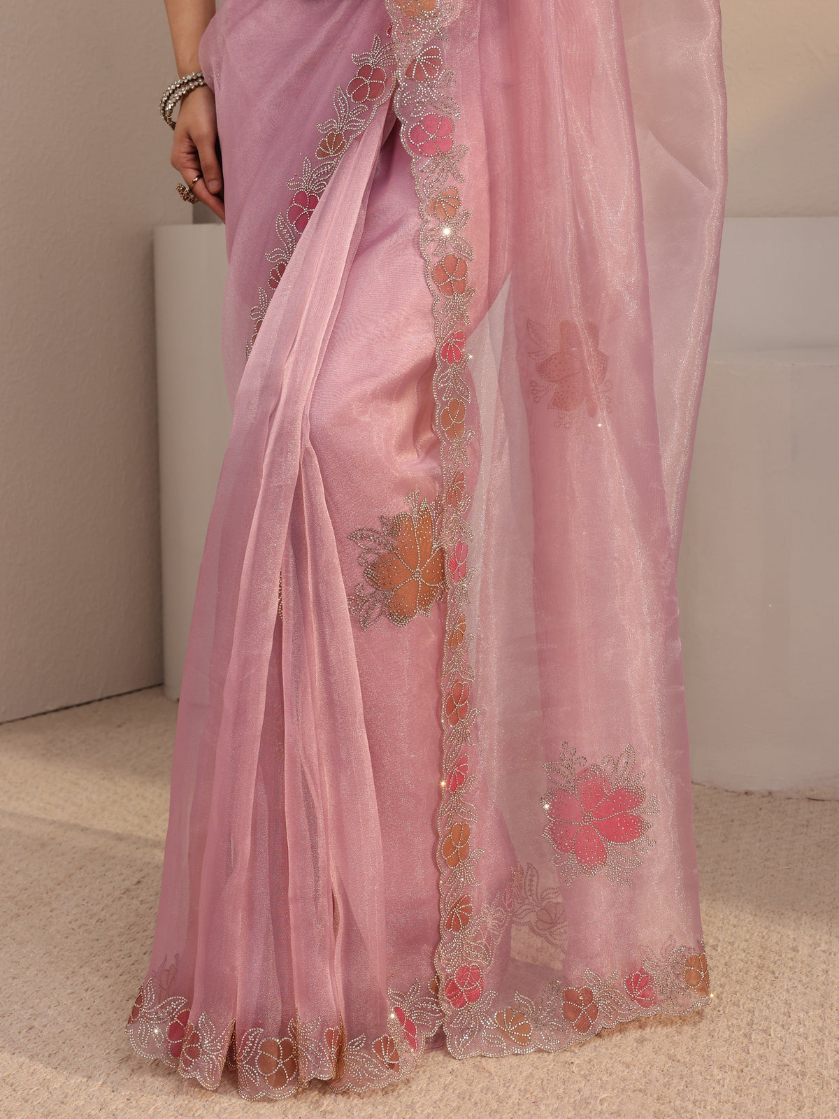 Anouk Pink Embellished Organza Saree With Unstiched Blouse Piece