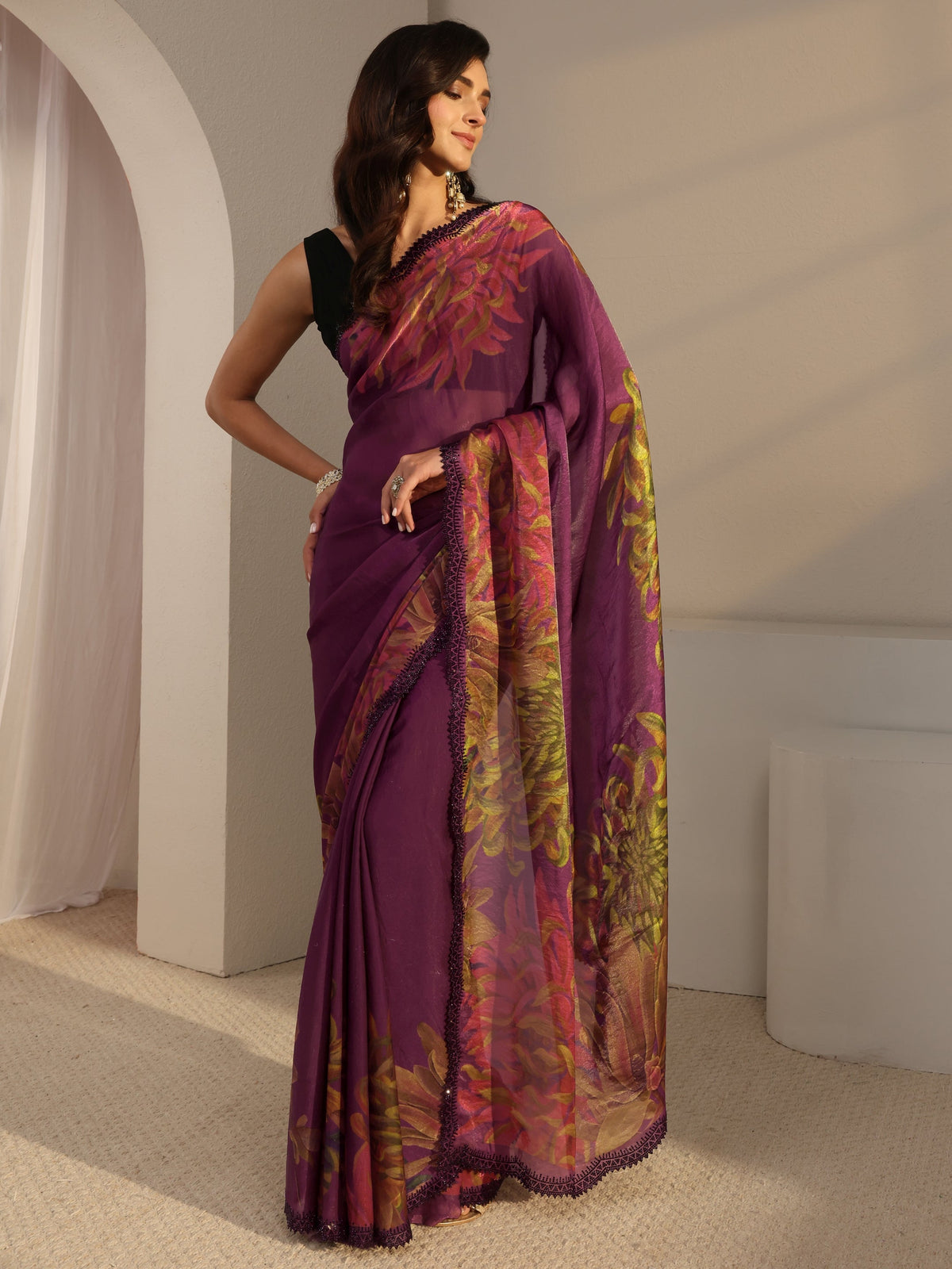 Anouk Burgundy Floral Printed Satin Saree With Unstitched Blouse Piece
