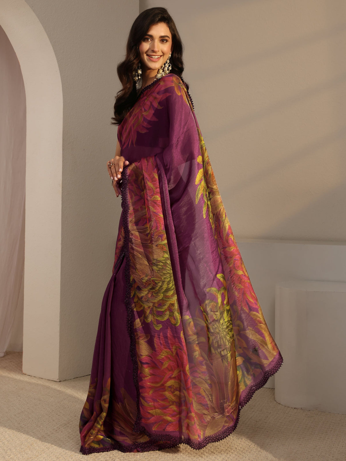 Anouk Burgundy Floral Printed Satin Saree With Unstitched Blouse Piece