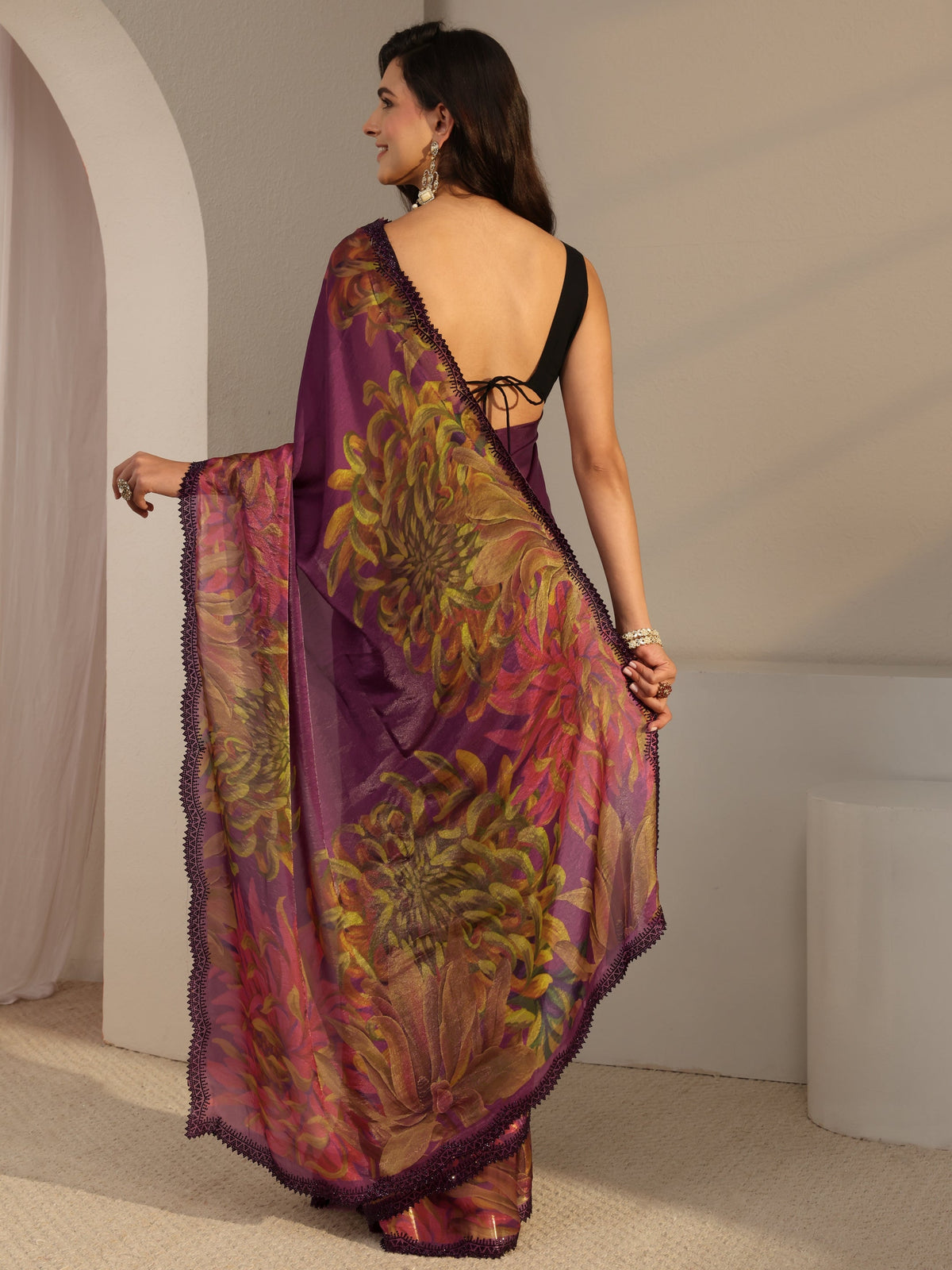 Anouk Burgundy Floral Printed Satin Saree With Unstitched Blouse Piece