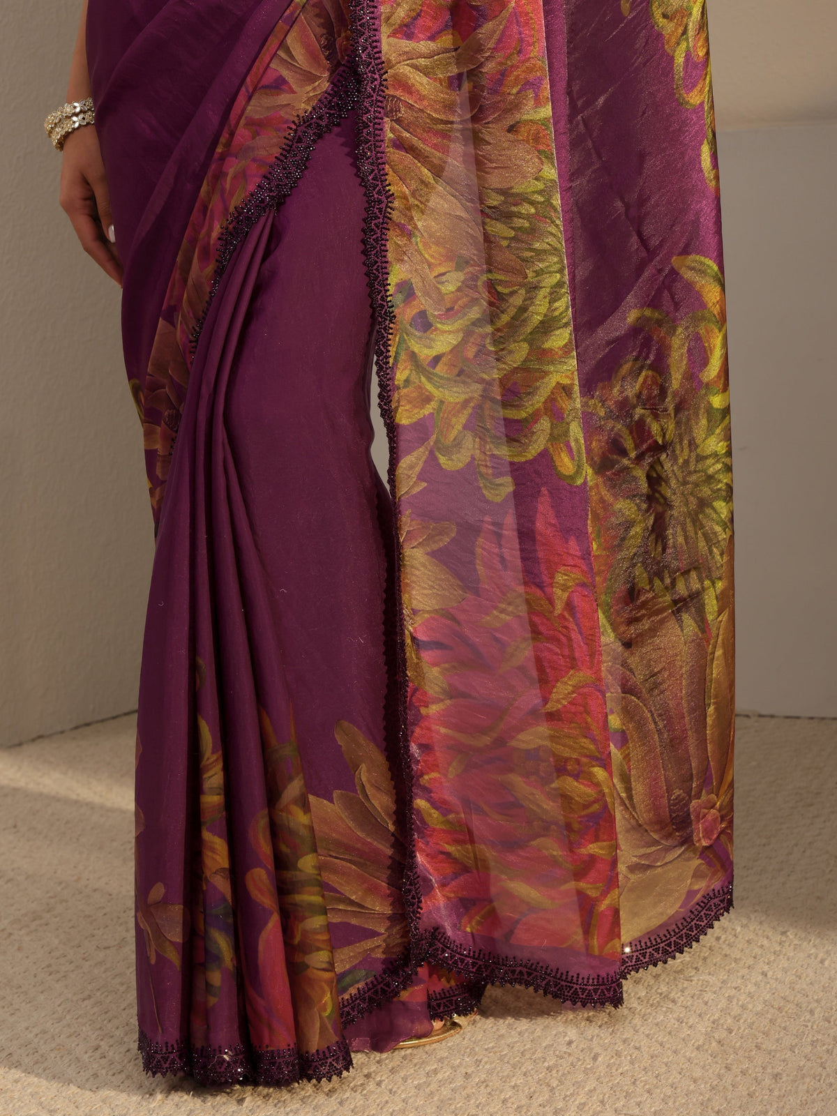 Anouk Burgundy Floral Printed Satin Saree With Unstitched Blouse Piece