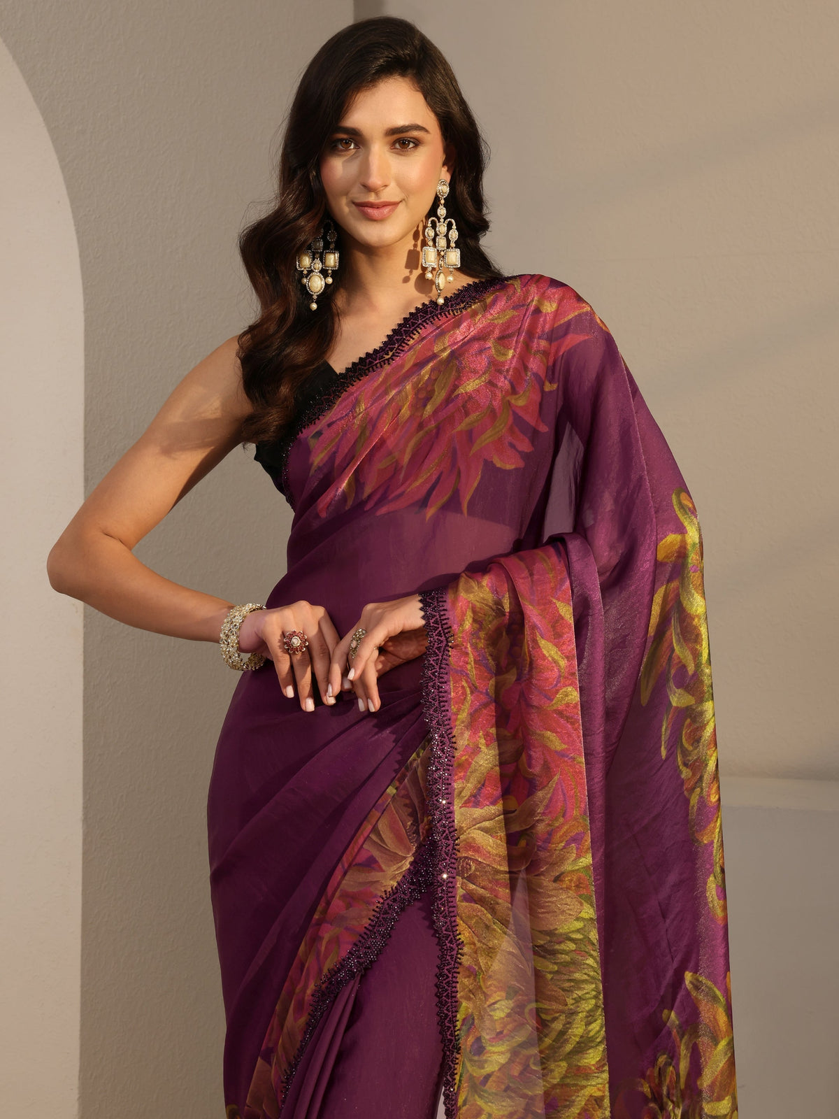 Anouk Burgundy Floral Printed Satin Saree With Unstitched Blouse Piece