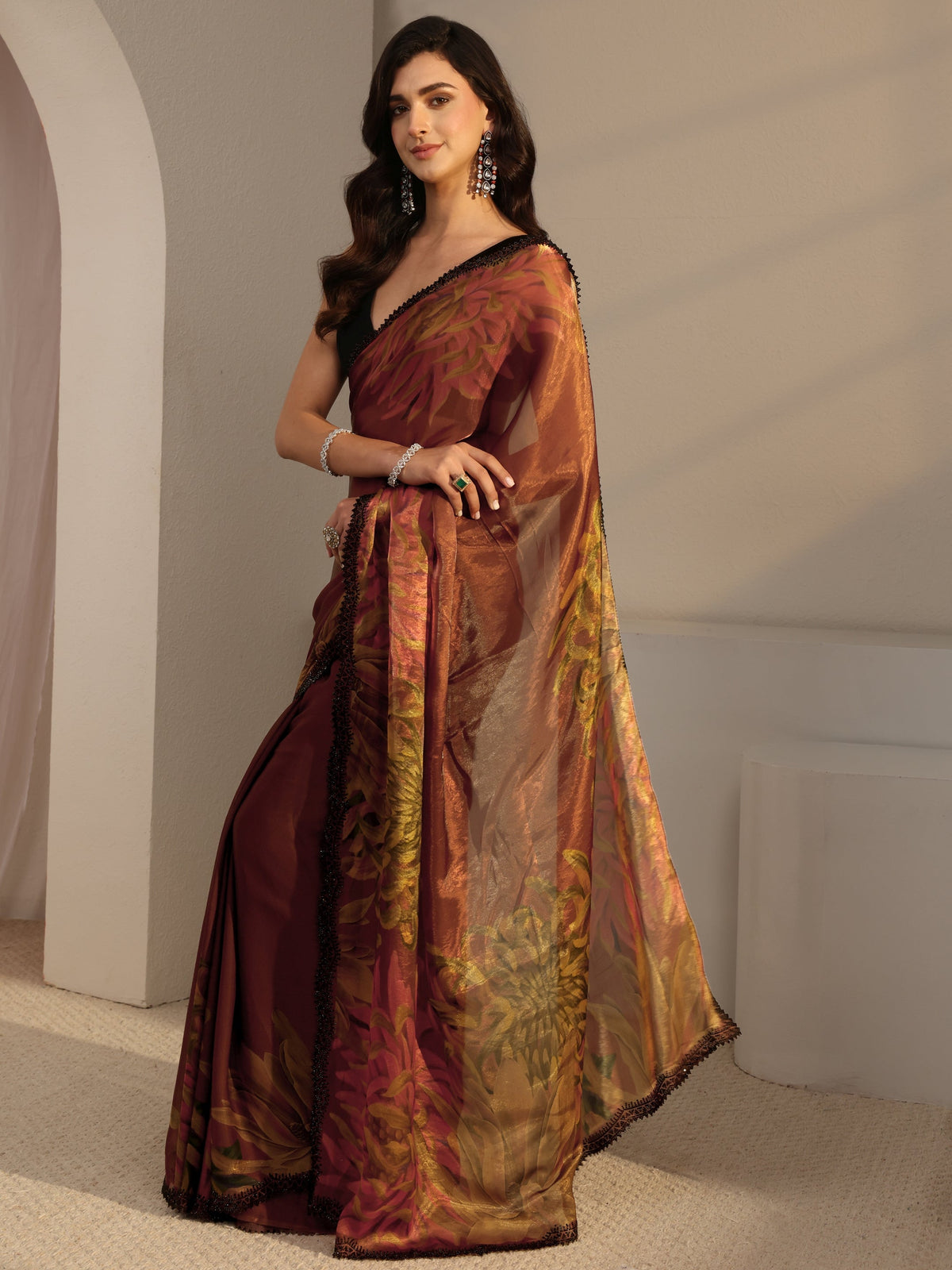 Anouk Rust Floral Printed Satin Saree With Unstitched Blouse Piece