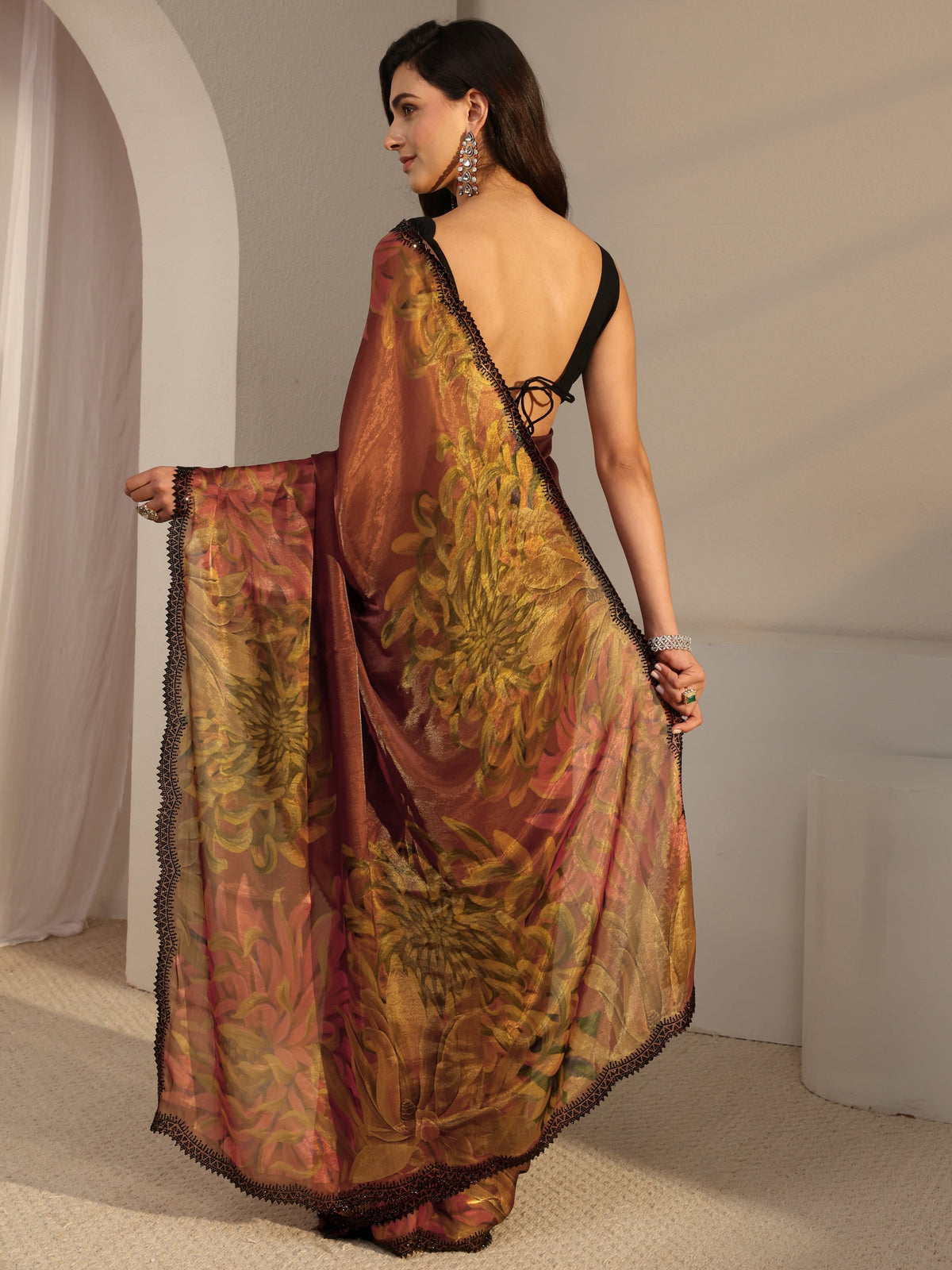 Anouk Rust Floral Printed Satin Saree With Unstitched Blouse Piece