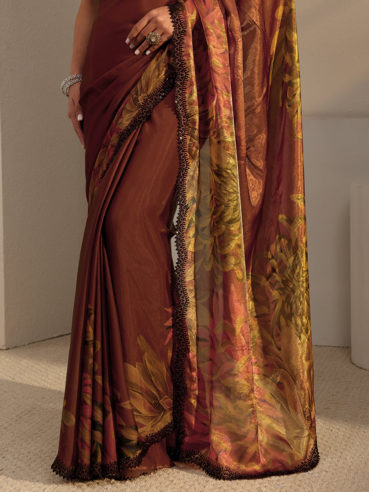 Anouk Rust Floral Printed Satin Saree With Unstitched Blouse Piece