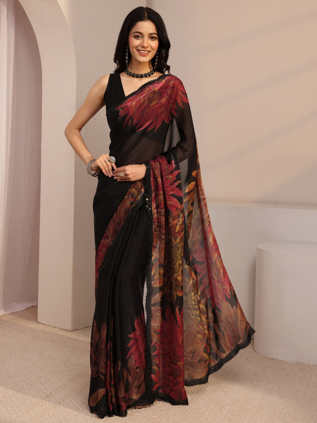 Anouk Black Floral Printed Organza Saree With Unstiched Blouse Piece