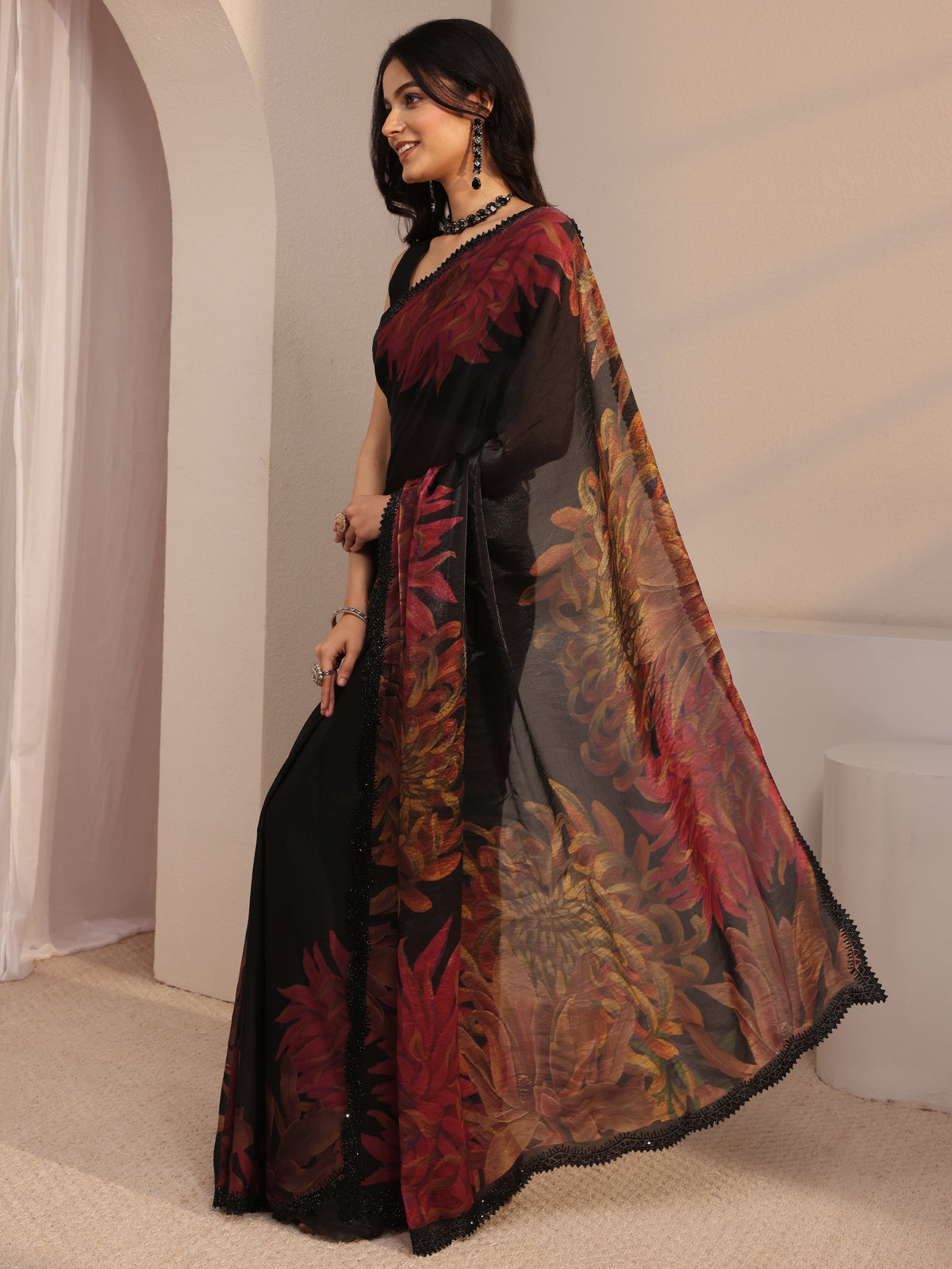 Anouk Black Floral Printed Organza Saree With Unstiched Blouse Piece