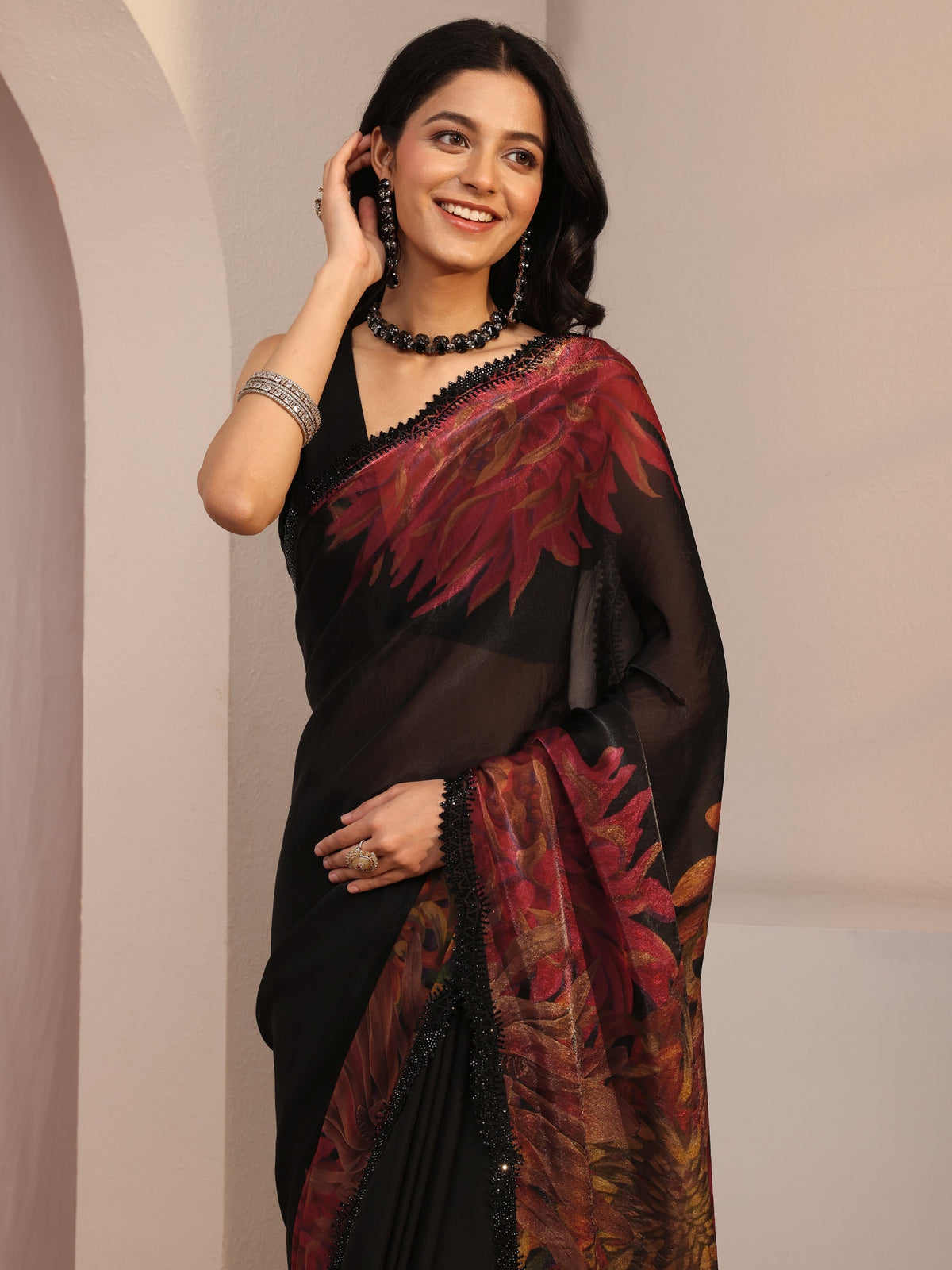 Anouk Black Floral Printed Organza Saree With Unstiched Blouse Piece