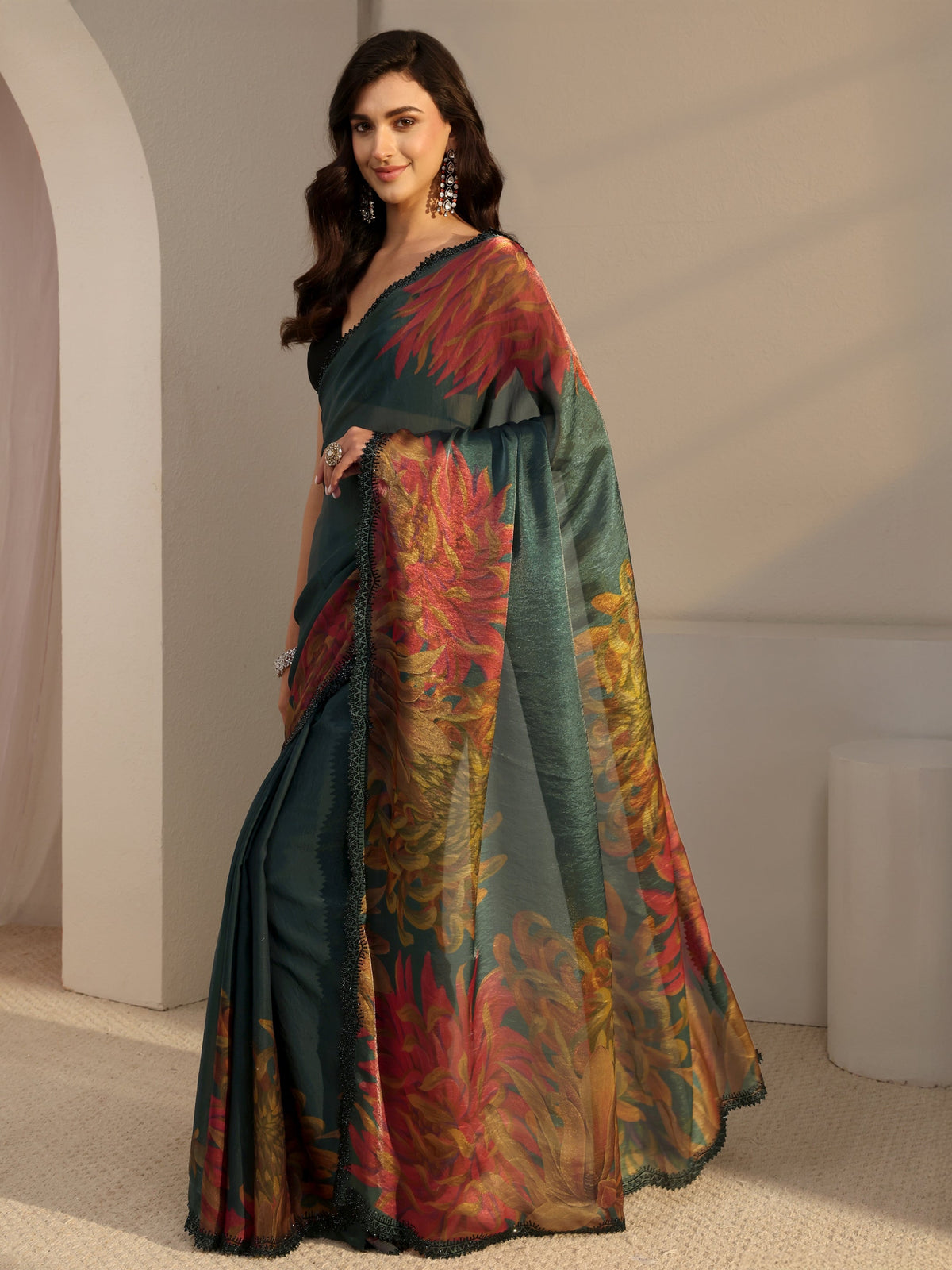 Anouk Green Floral Printed Satin Saree With Unstitched Blouse Piece