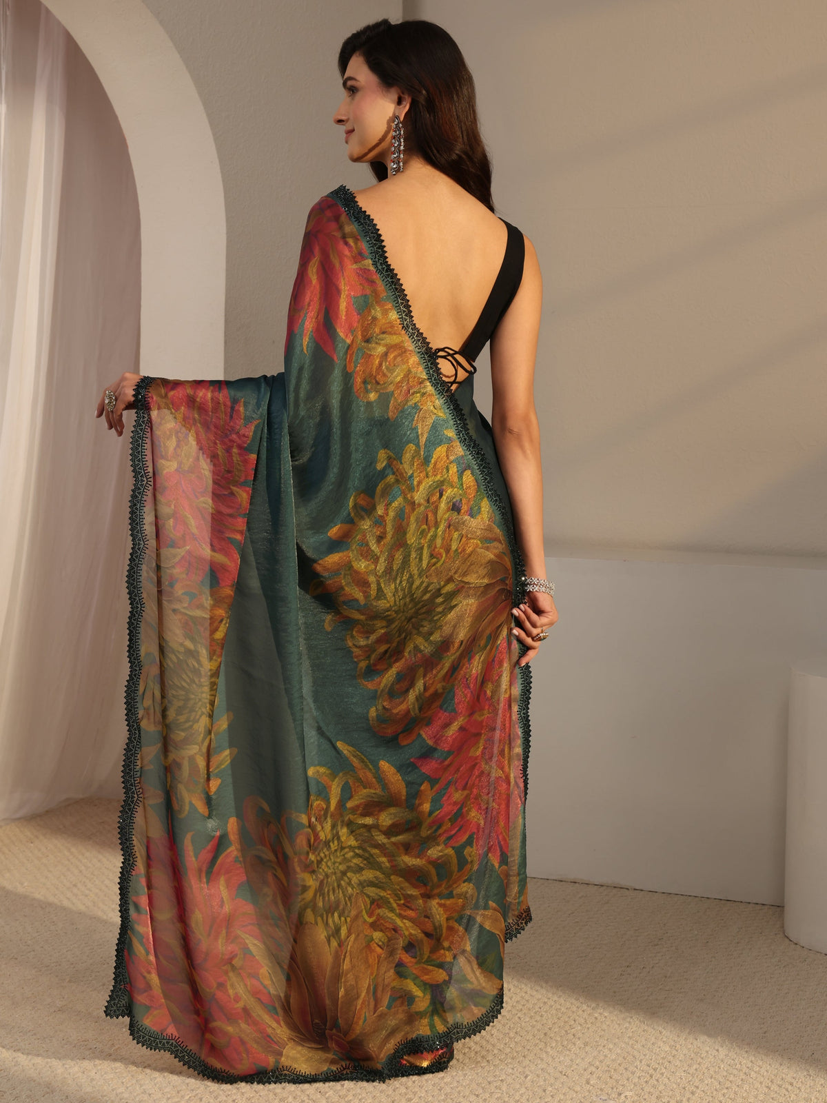 Anouk Green Floral Printed Satin Saree With Unstitched Blouse Piece
