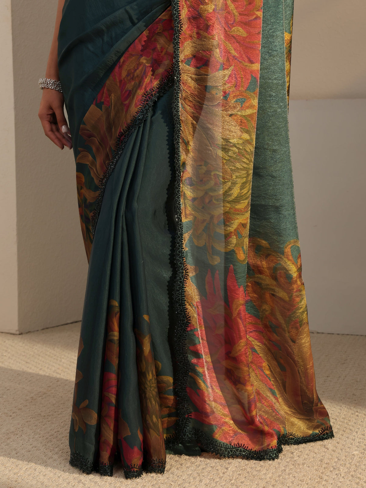 Anouk Green Floral Printed Satin Saree With Unstitched Blouse Piece