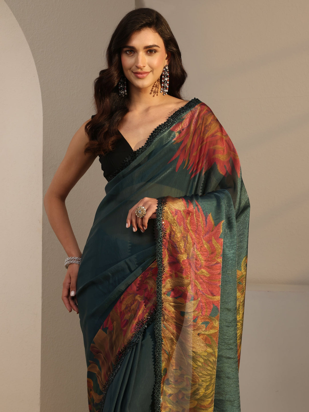 Anouk Green Floral Printed Satin Saree With Unstitched Blouse Piece
