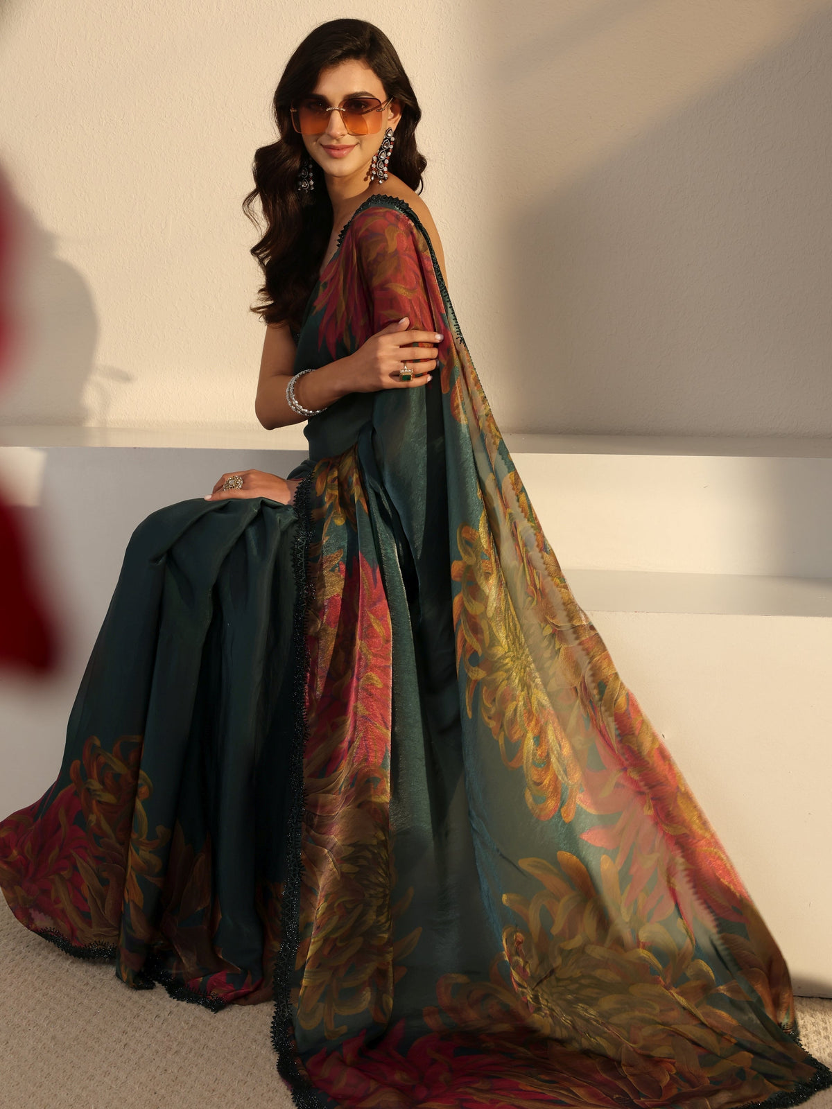 Anouk Green Floral Printed Satin Saree With Unstitched Blouse Piece