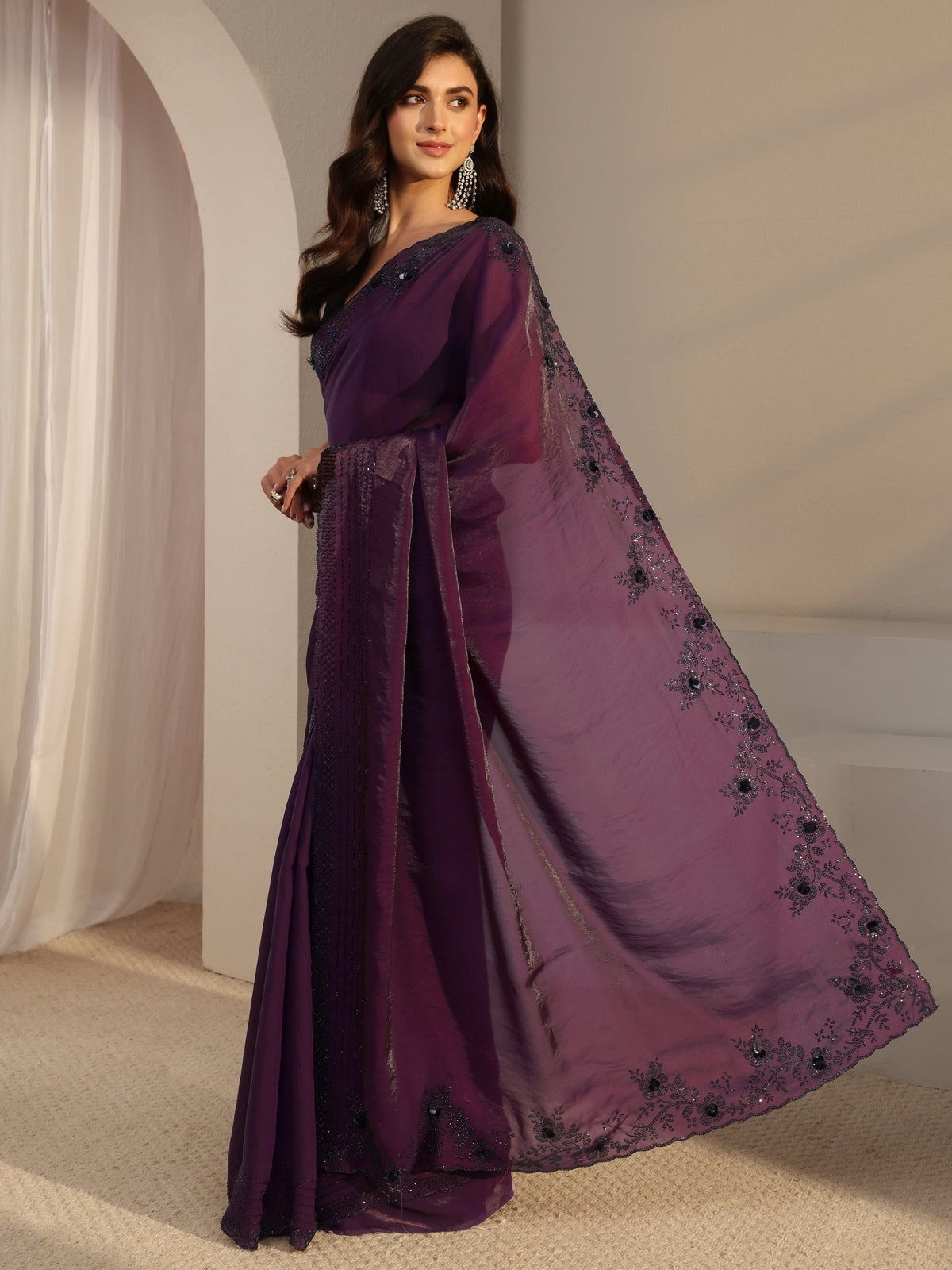 Anouk Purple Embellished Tissue Saree With Unstitched Blouse Piece