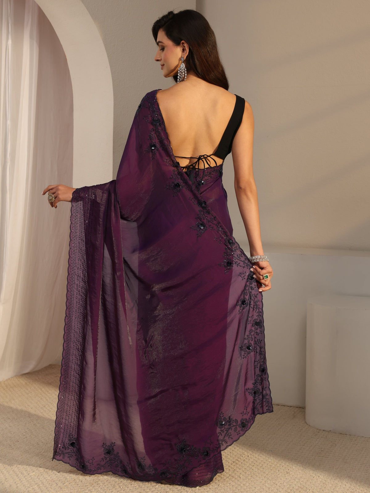 Anouk Purple Embellished Tissue Saree With Unstitched Blouse Piece