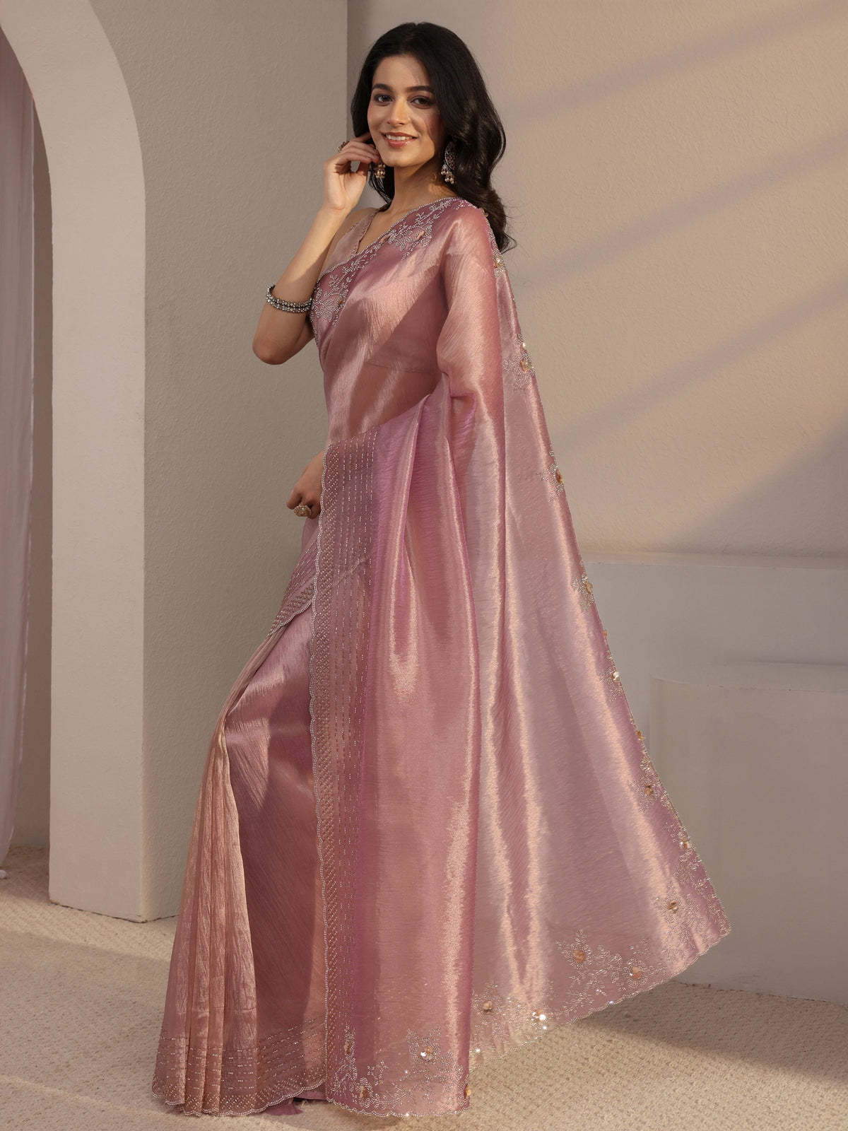 Anouk Lavender Embellished Tissue Saree With Unstiched Blouse Piece
