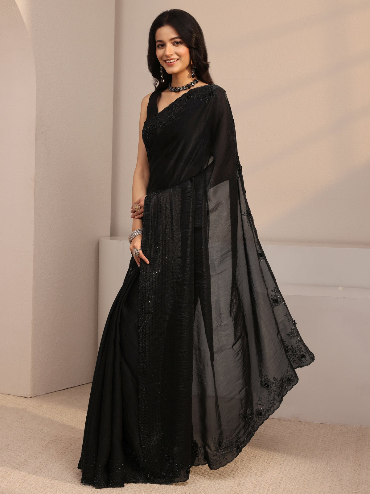 Anouk Black Embellished Tissue Saree With Unstiched Blouse Piece