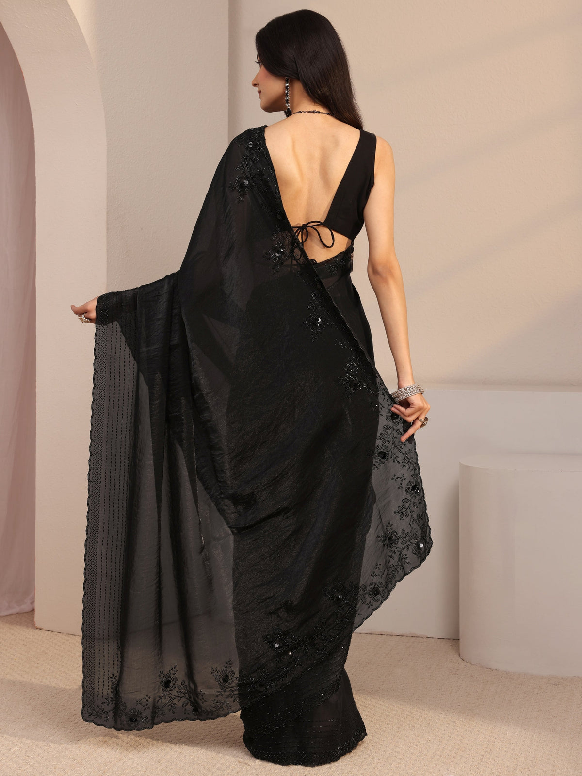 Anouk Black Embellished Tissue Saree With Unstiched Blouse Piece