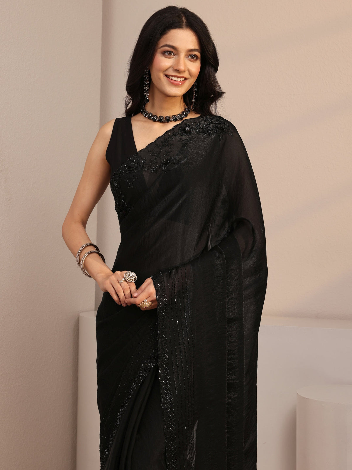 Anouk Black Embellished Tissue Saree With Unstiched Blouse Piece