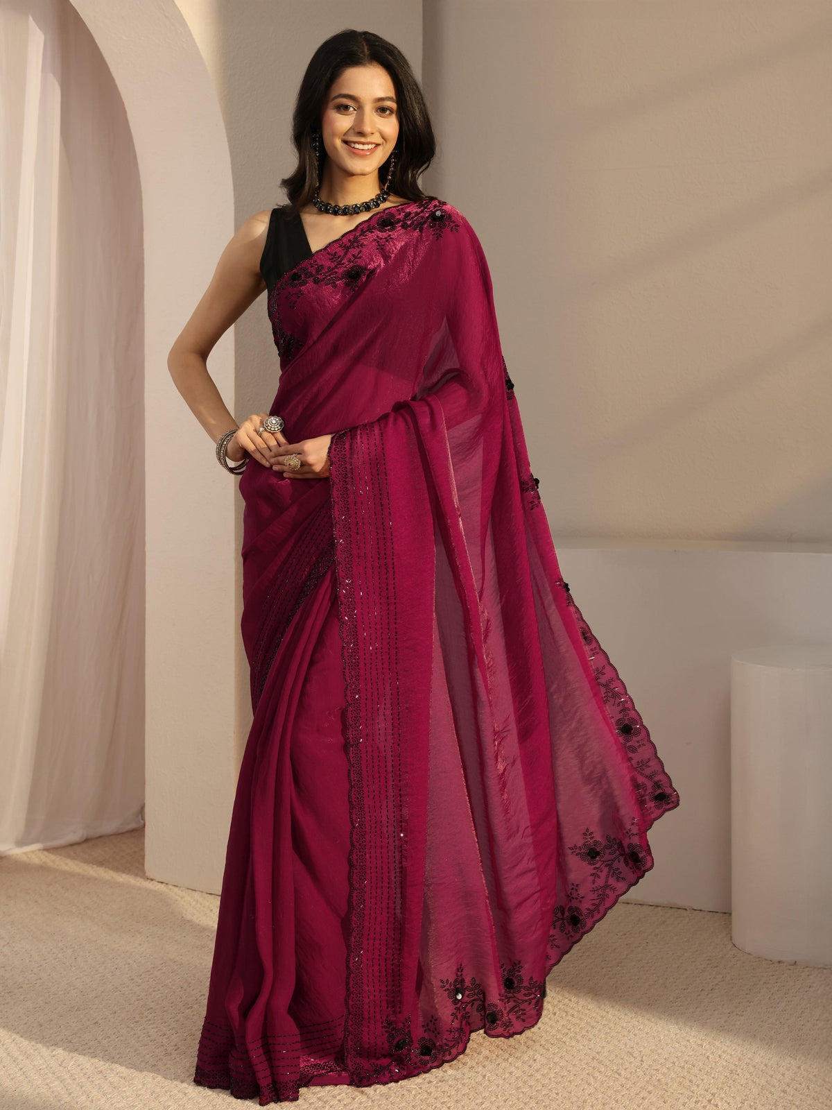 Anouk Pink Embellished Tissue Saree With Unstiched Blouse Piece