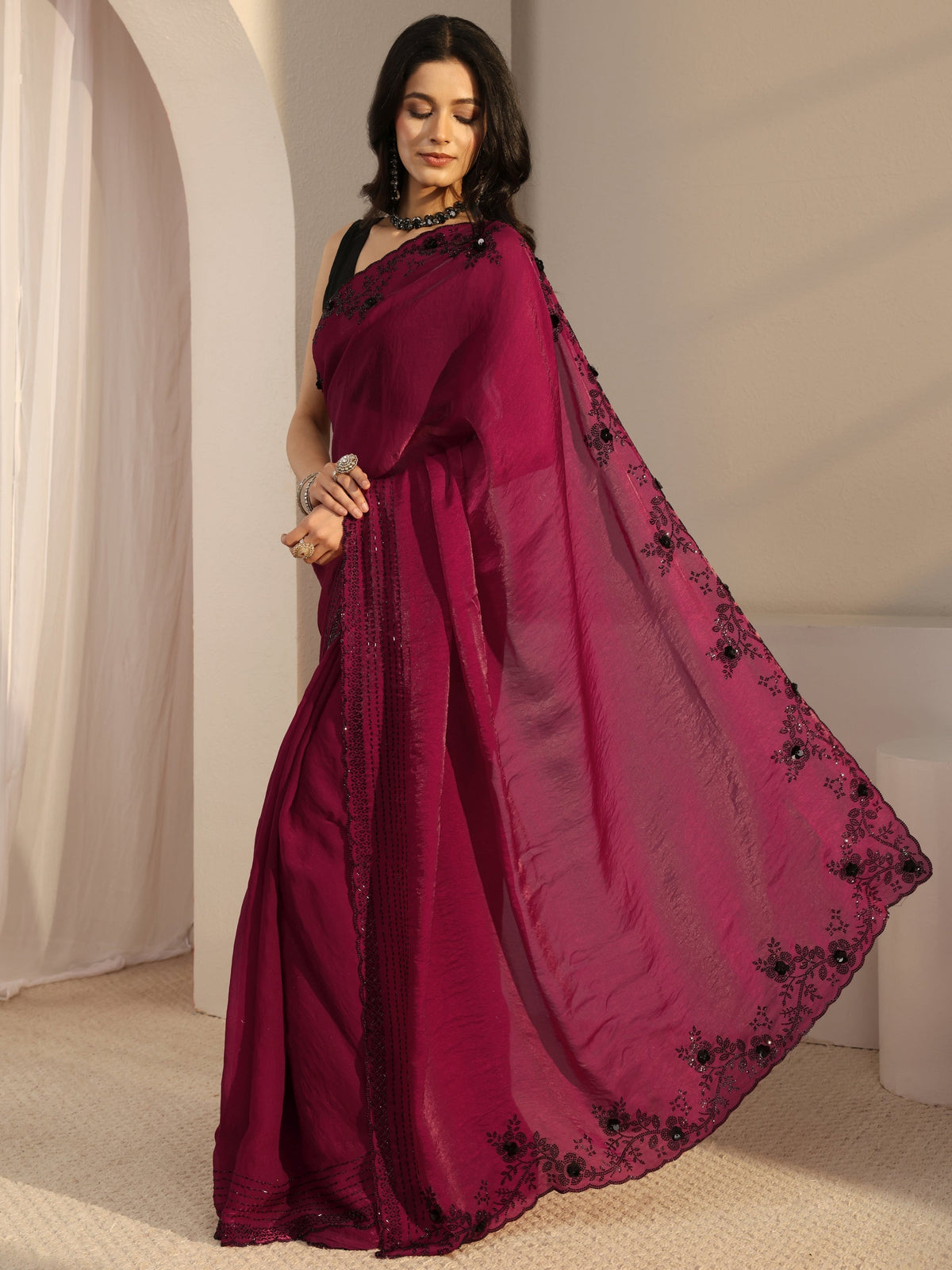 Anouk Pink Embellished Tissue Saree With Unstiched Blouse Piece