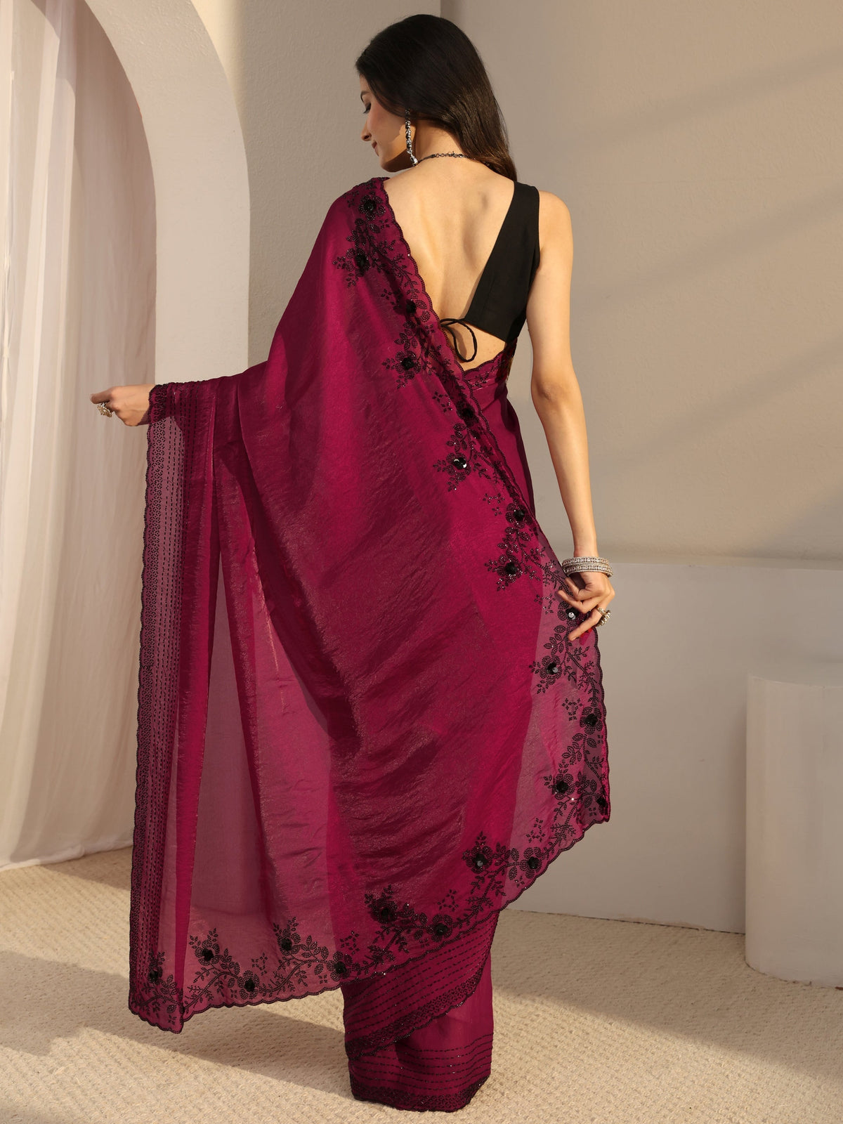 Anouk Pink Embellished Tissue Saree With Unstiched Blouse Piece
