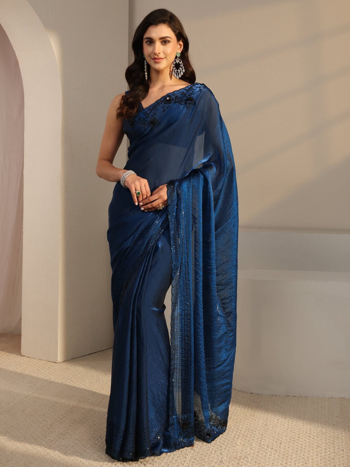 Anouk Blue Floral Embellished Tissue Saree With Unstitched Blouse Piece