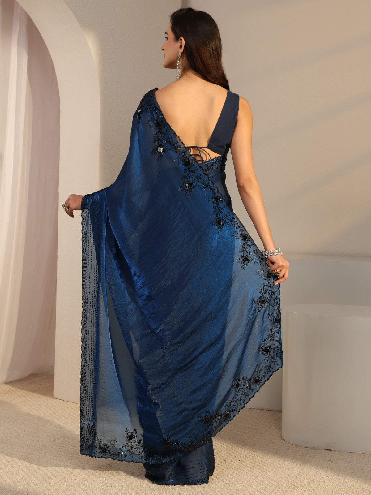 Anouk Blue Floral Embellished Tissue Saree With Unstitched Blouse Piece