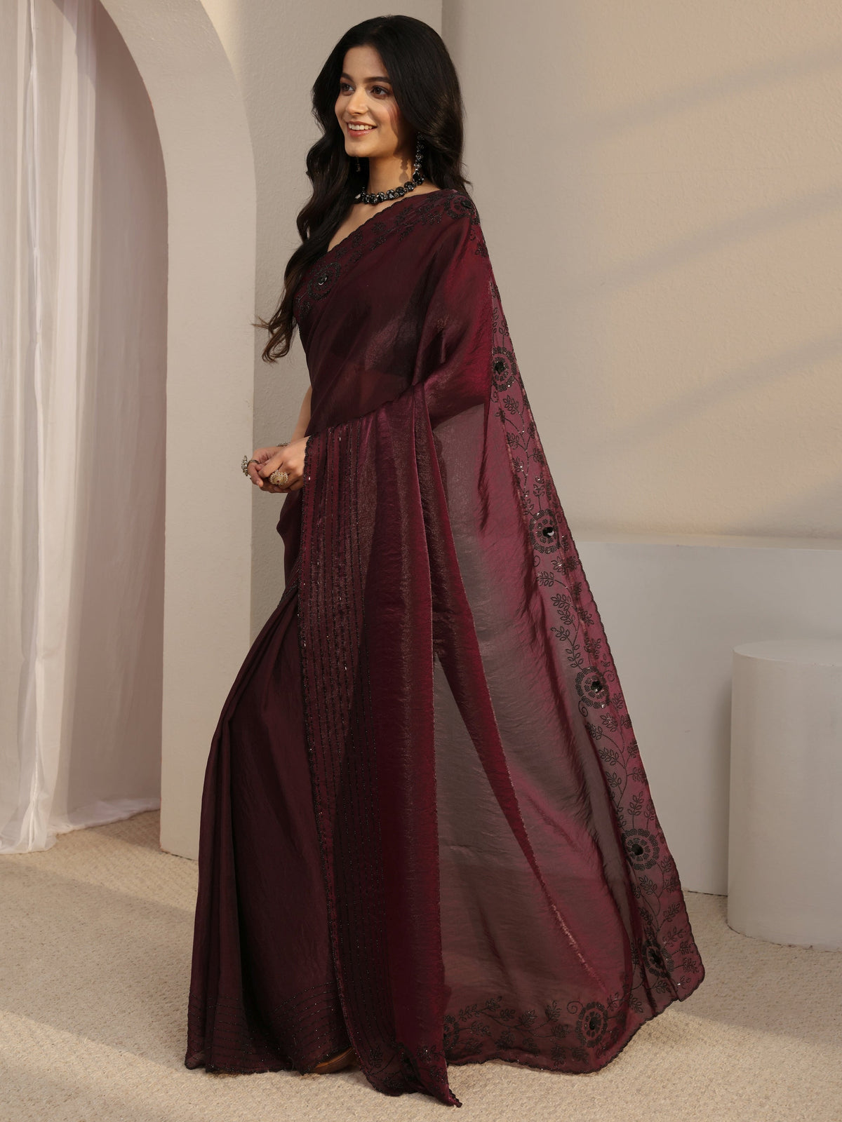 Anouk Burgundy Embellished Tissue Saree With Unstiched Blouse Piece