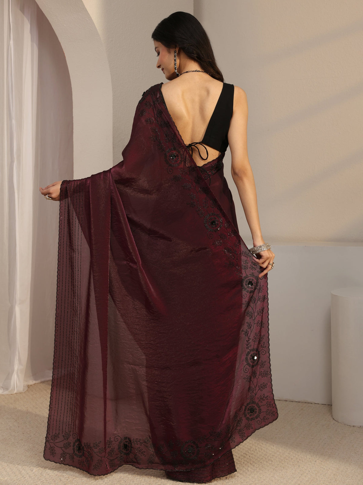 Anouk Burgundy Embellished Tissue Saree With Unstiched Blouse Piece