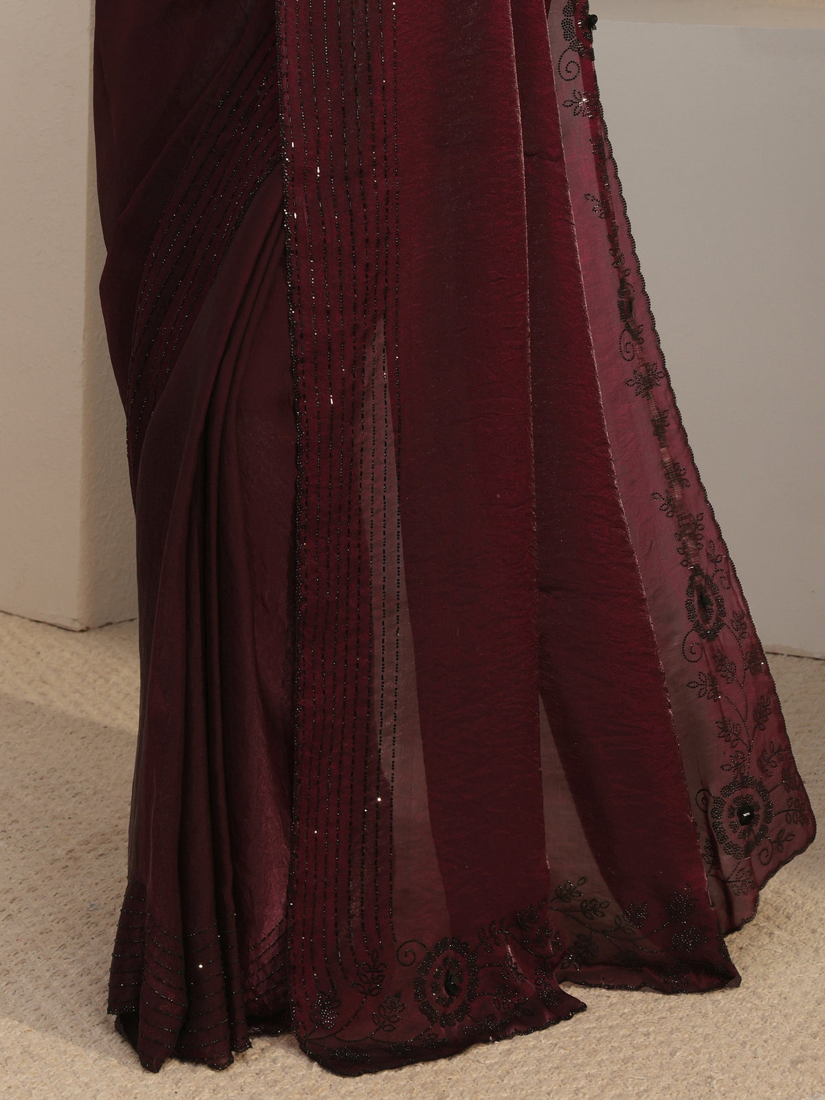Anouk Burgundy Embellished Tissue Saree With Unstiched Blouse Piece
