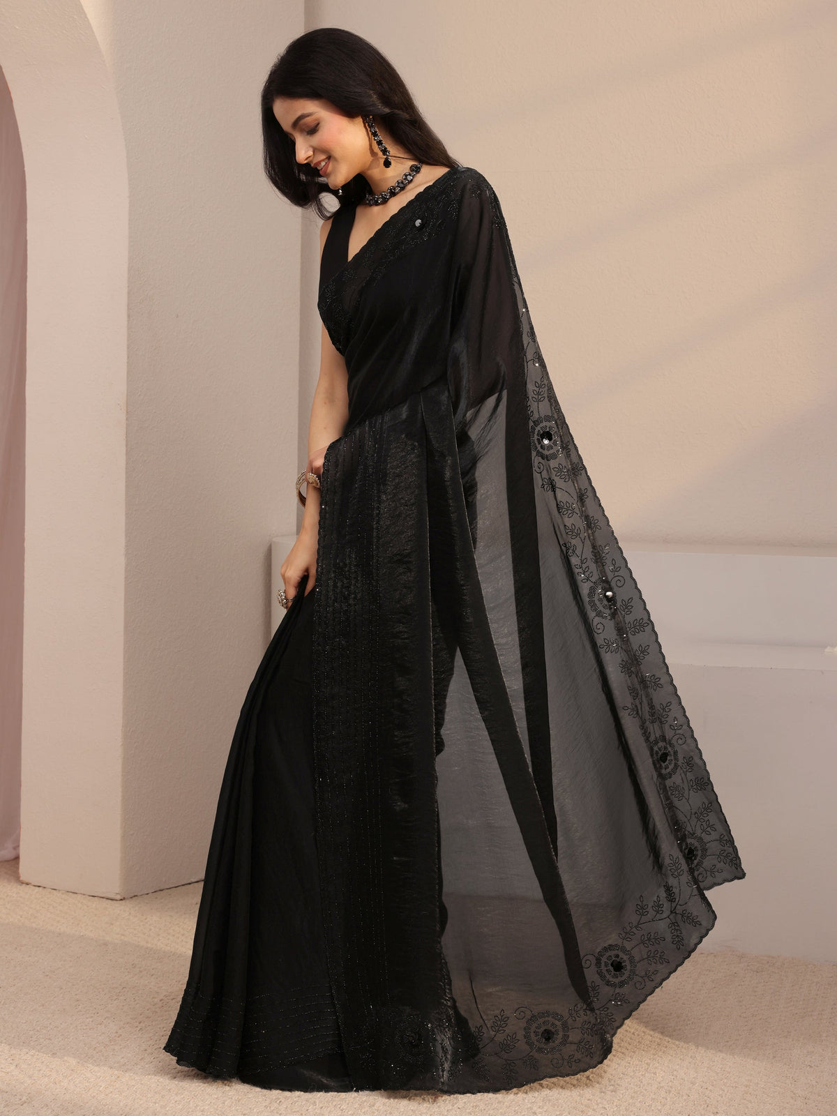 Anouk Black Embellished Tissue Saree With Unstiched Blouse Piece