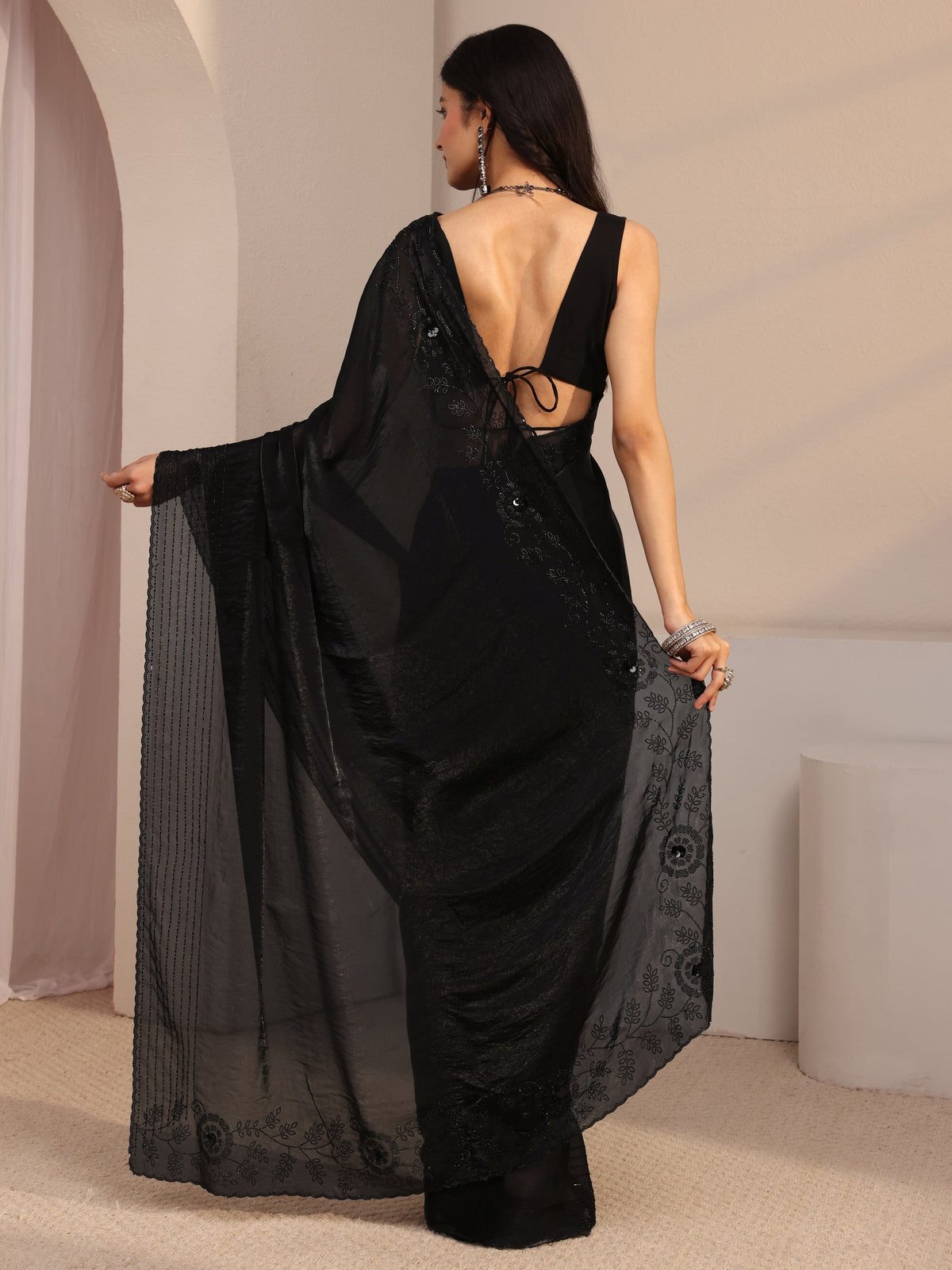 Anouk Black Embellished Tissue Saree With Unstiched Blouse Piece