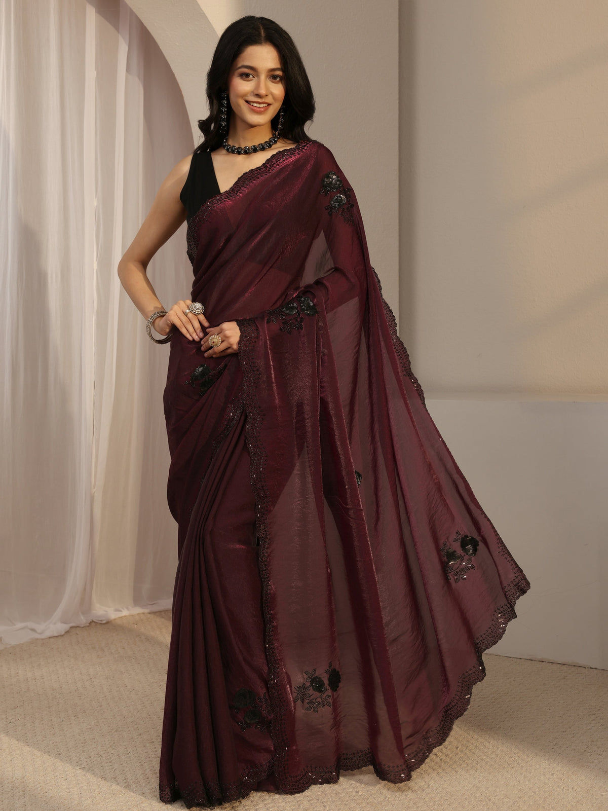 Anouk Maroon Floral Embellished Organza Saree With Unstitched Blouse Piece