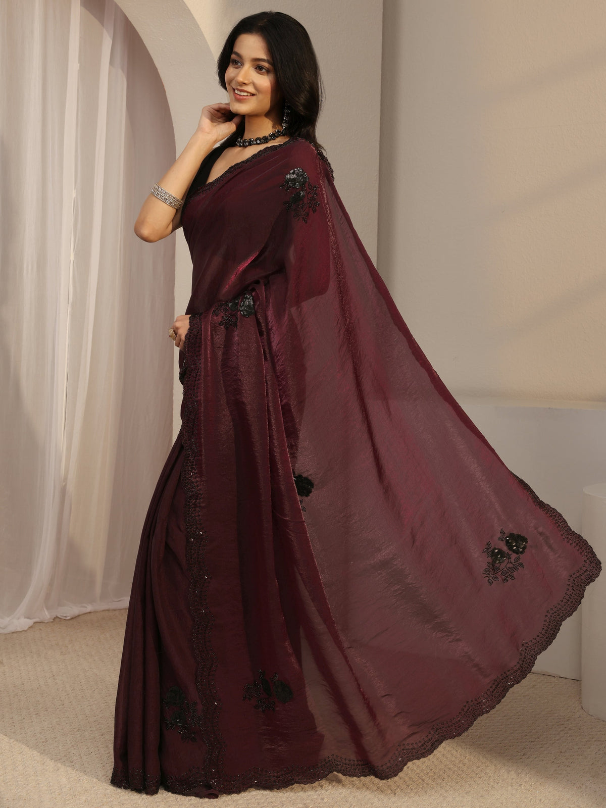 Anouk Maroon Floral Embellished Organza Saree With Unstitched Blouse Piece