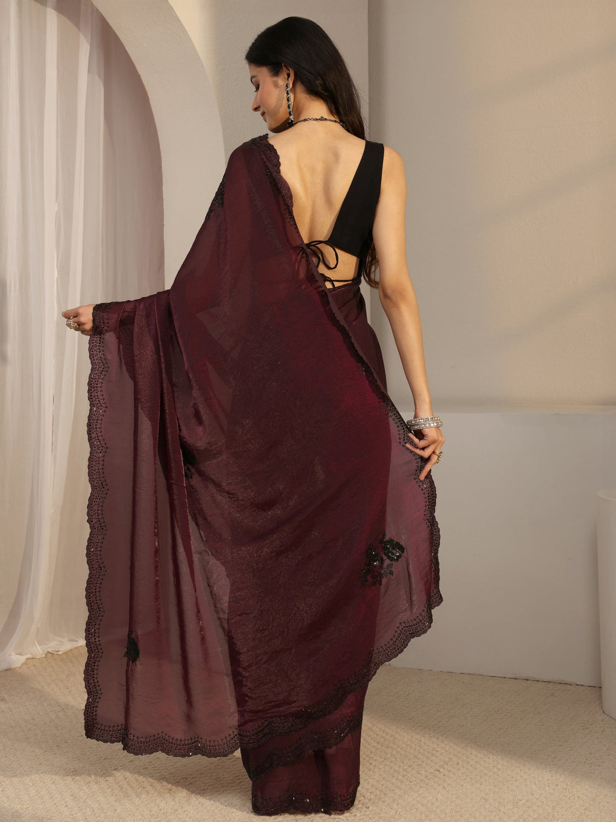 Anouk Maroon Floral Embellished Organza Saree With Unstitched Blouse Piece
