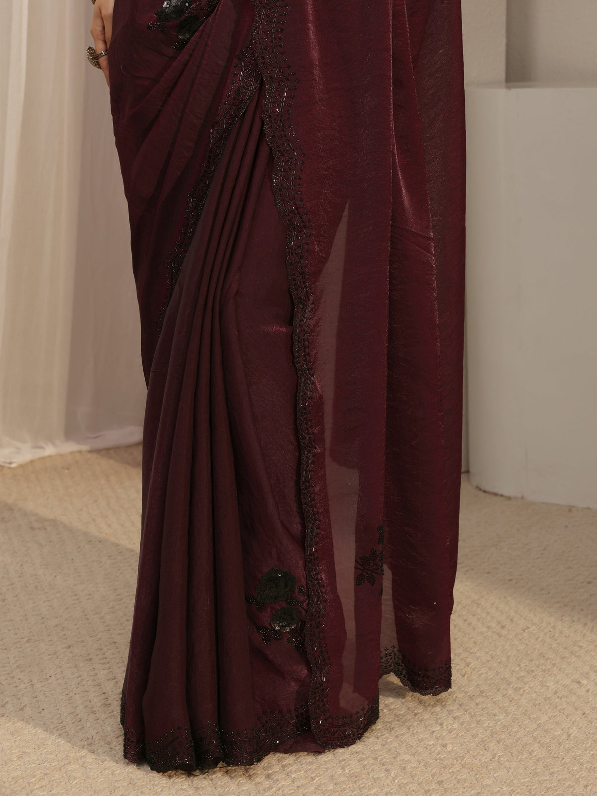Anouk Maroon Floral Embellished Organza Saree With Unstitched Blouse Piece