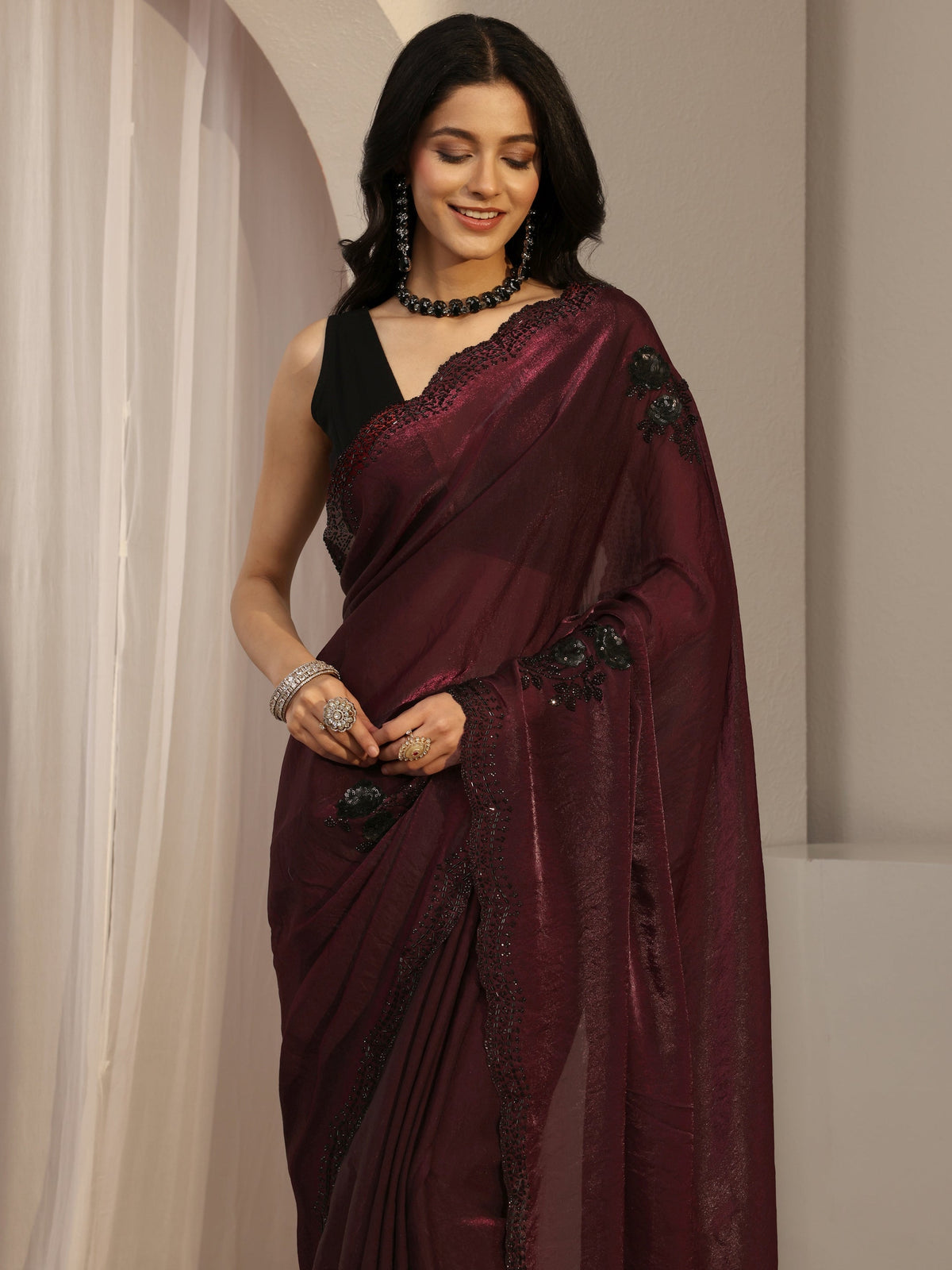 Anouk Maroon Floral Embellished Organza Saree With Unstitched Blouse Piece