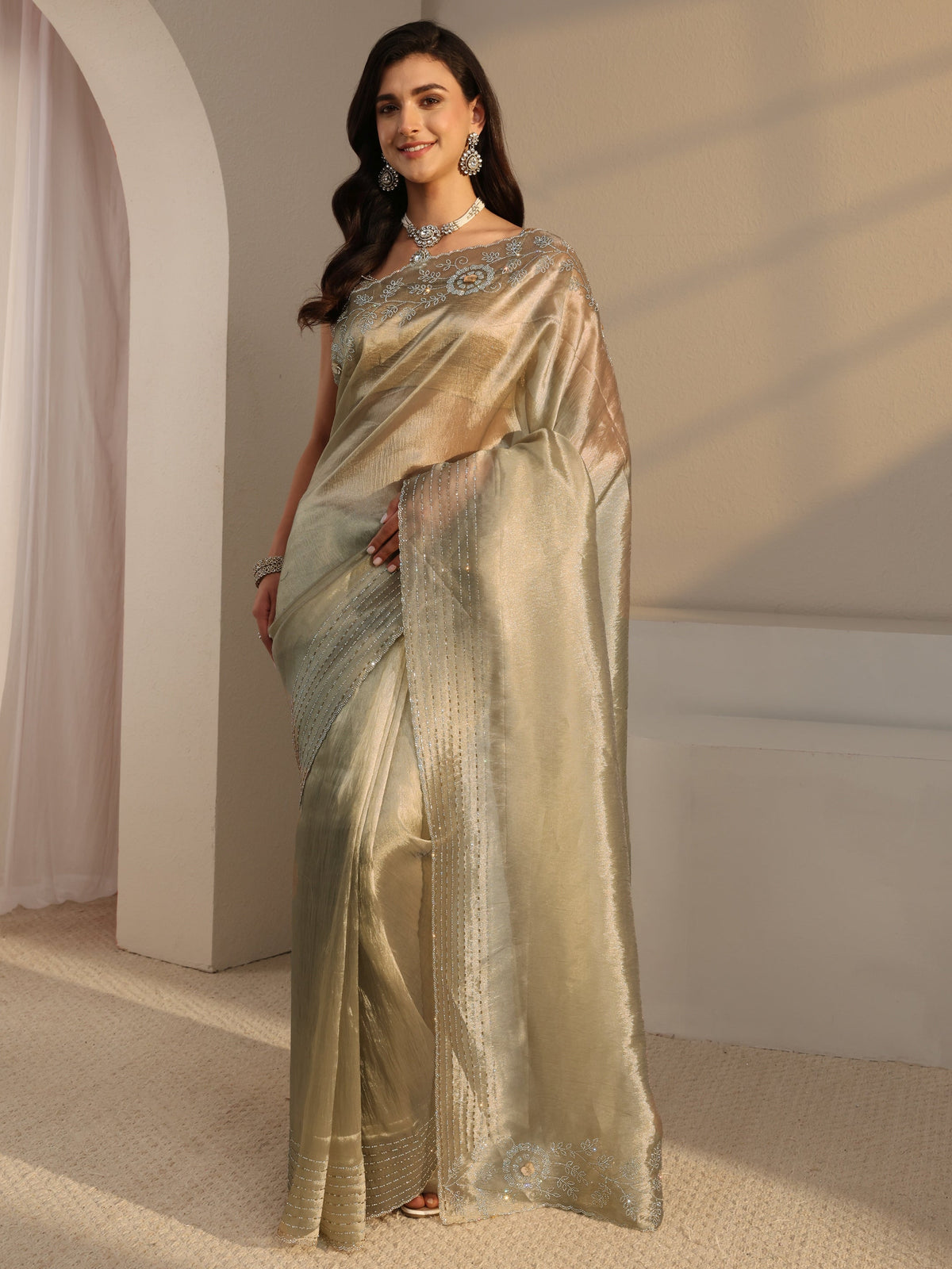 Anouk Taupe Embellished Chiffon Saree With Unstitched Blouse Piece