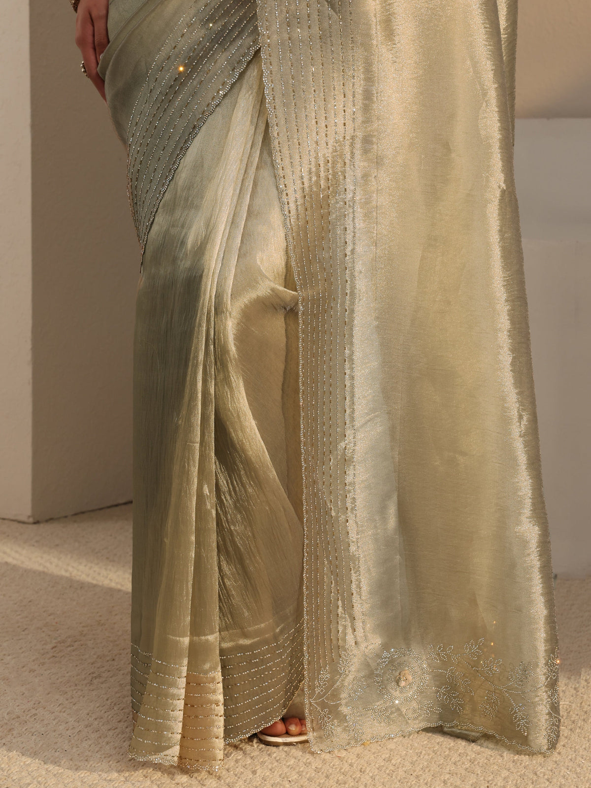 Anouk Taupe Embellished Chiffon Saree With Unstitched Blouse Piece