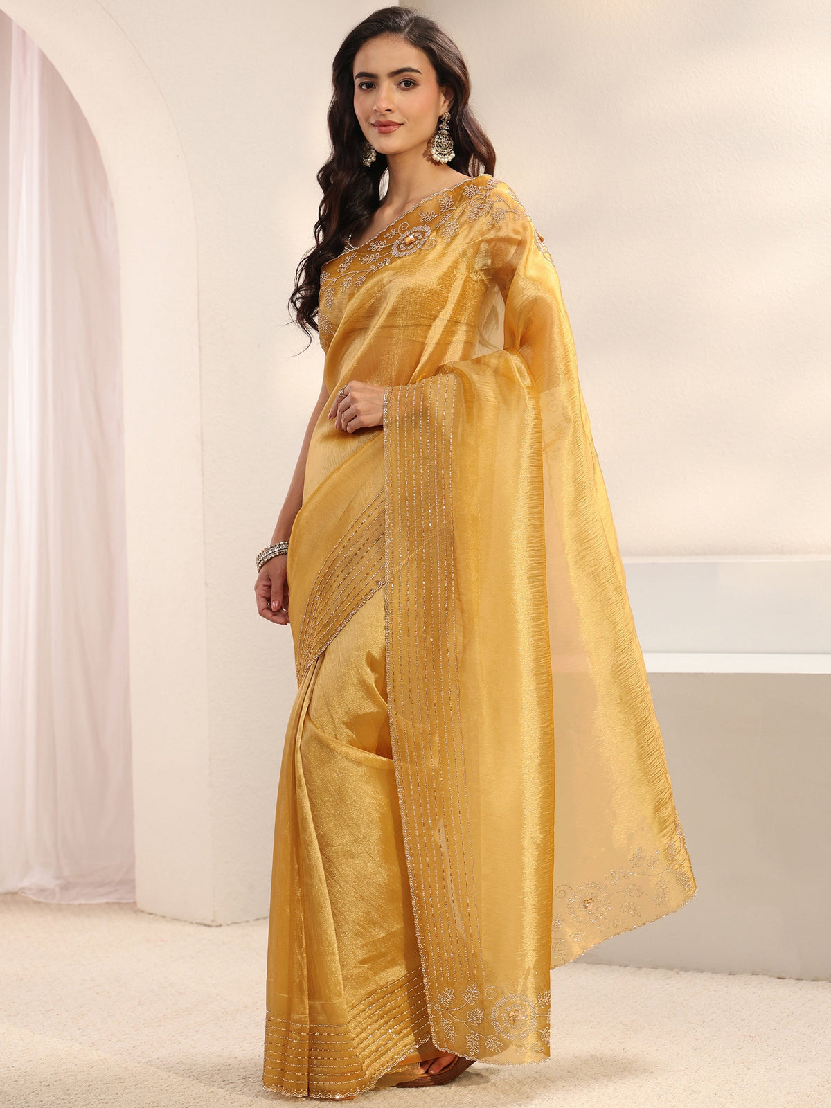 Anouk Mustard Embellished Border Chiffon Saree With Unstitched Blouse Piece