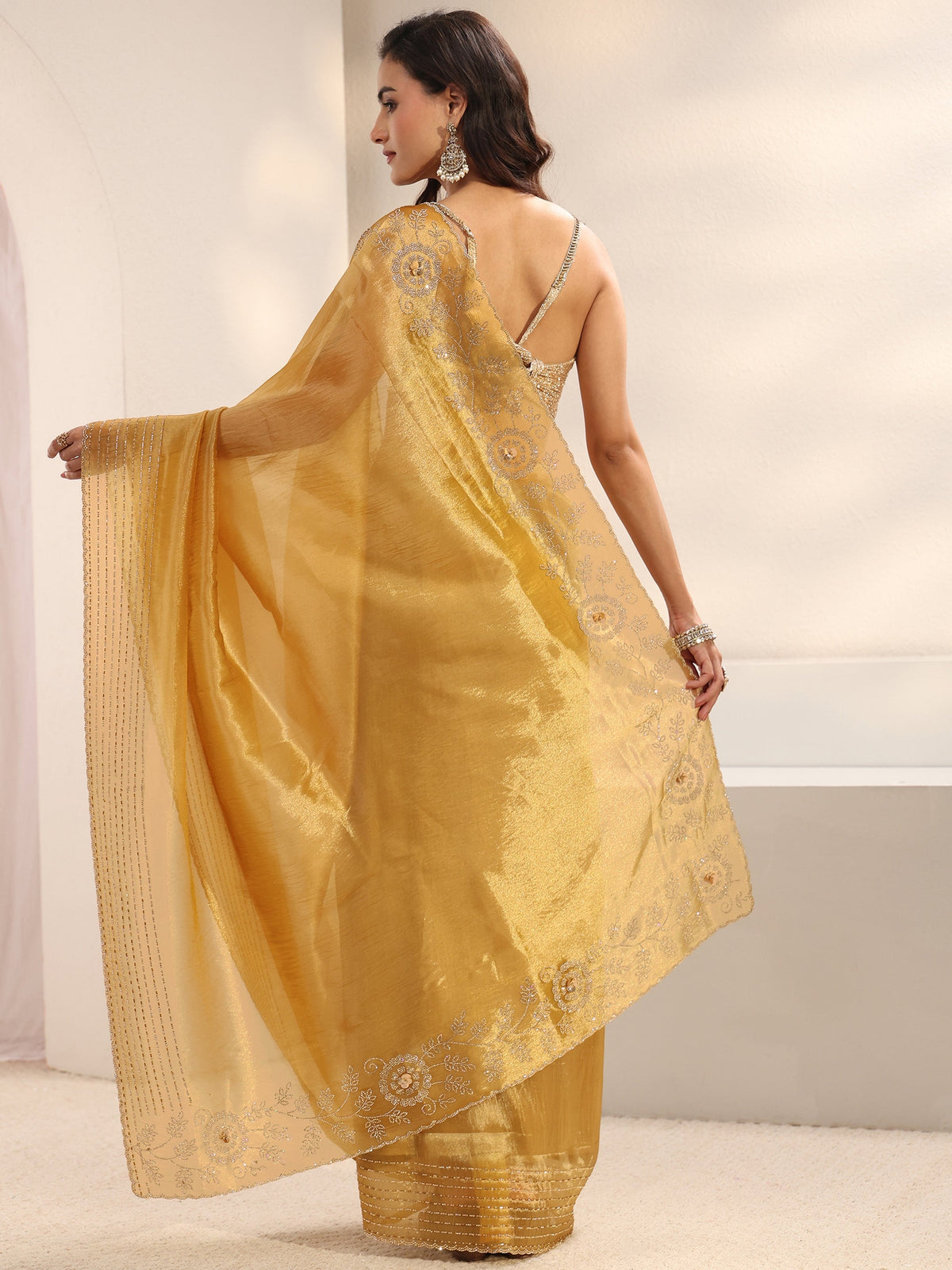 Anouk Mustard Embellished Border Chiffon Saree With Unstitched Blouse Piece