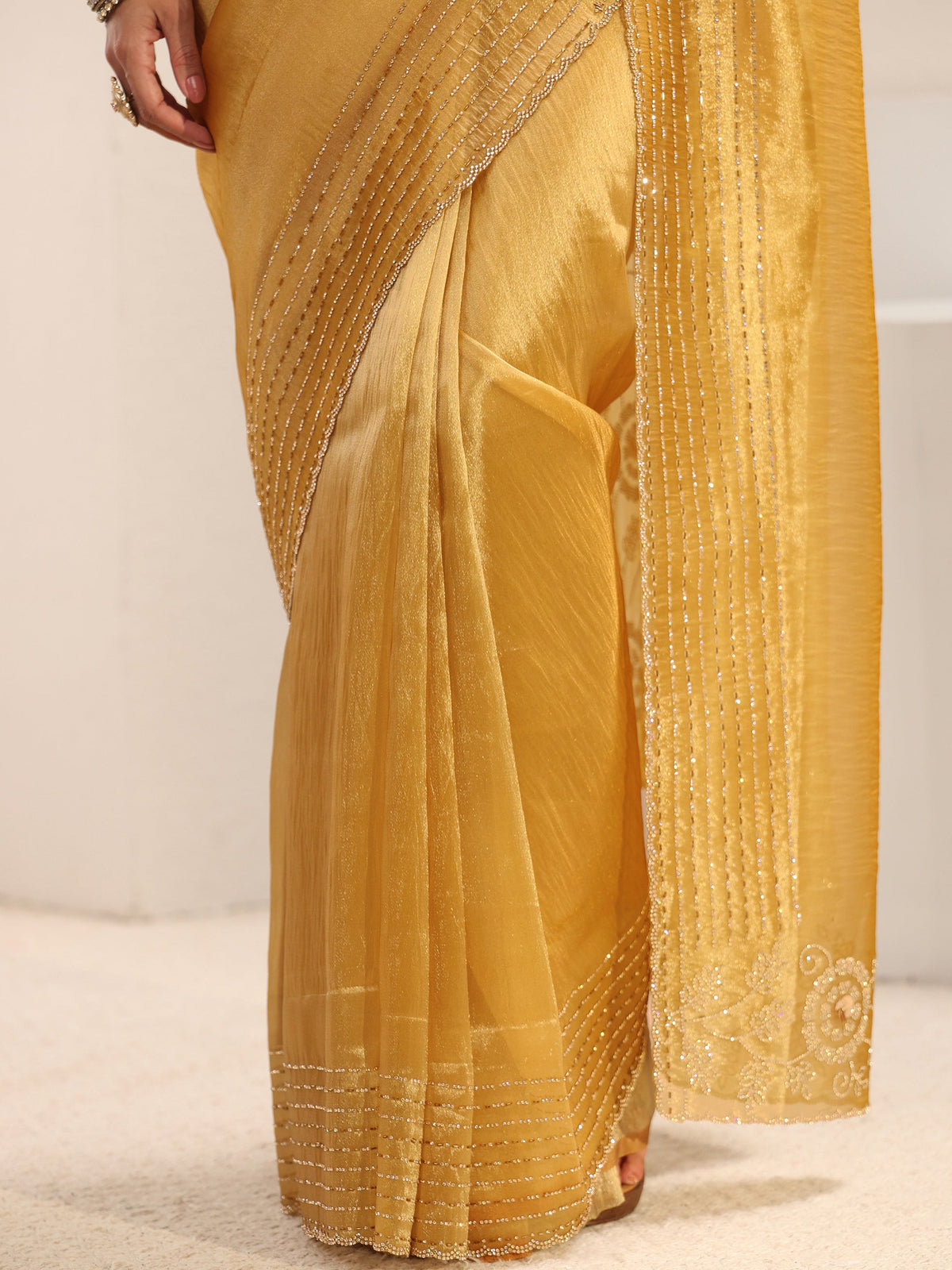 Anouk Mustard Embellished Border Chiffon Saree With Unstitched Blouse Piece