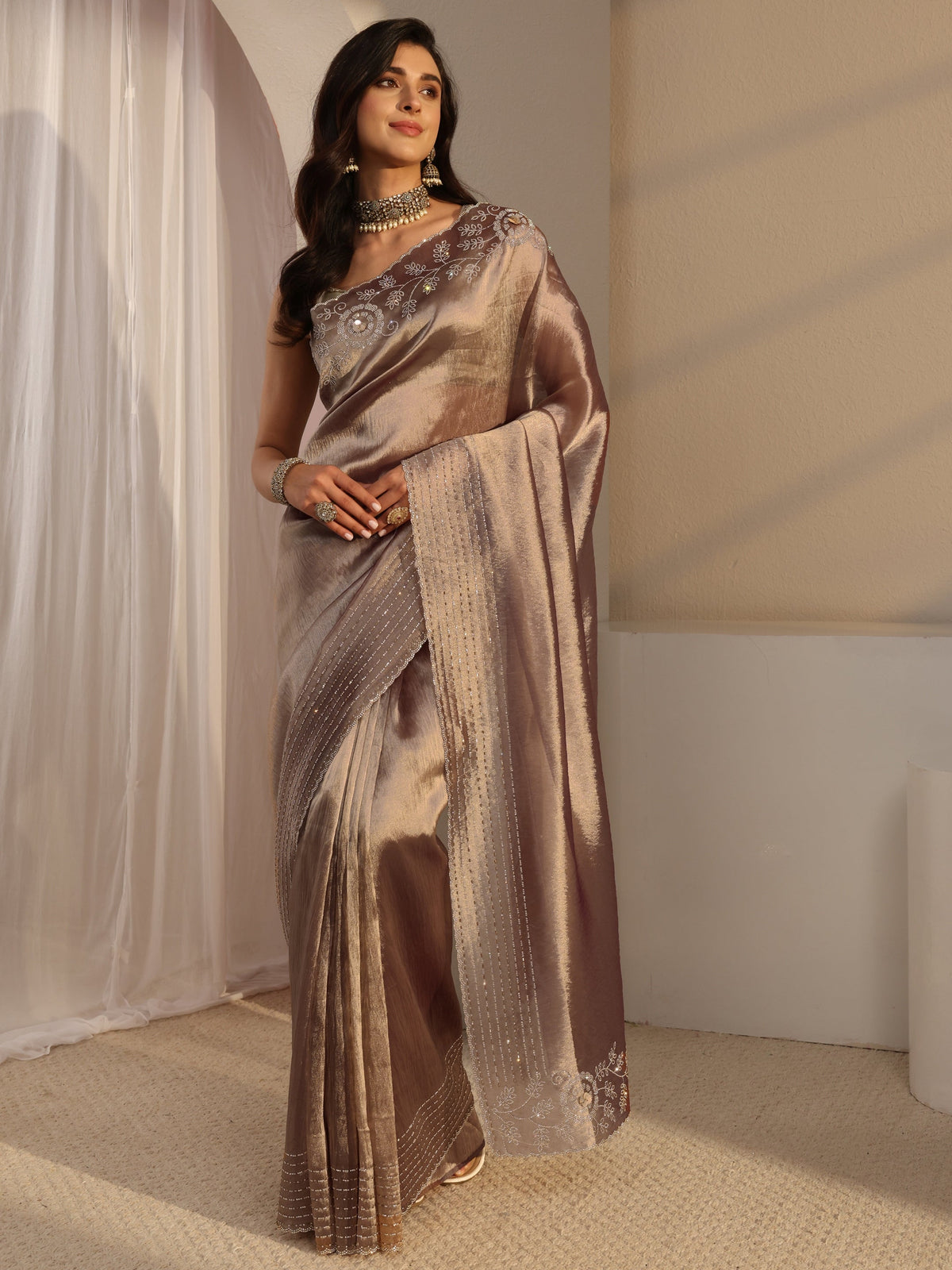 Anouk Mauve Embellished Chiffon Saree With Unstitched Blouse Piece